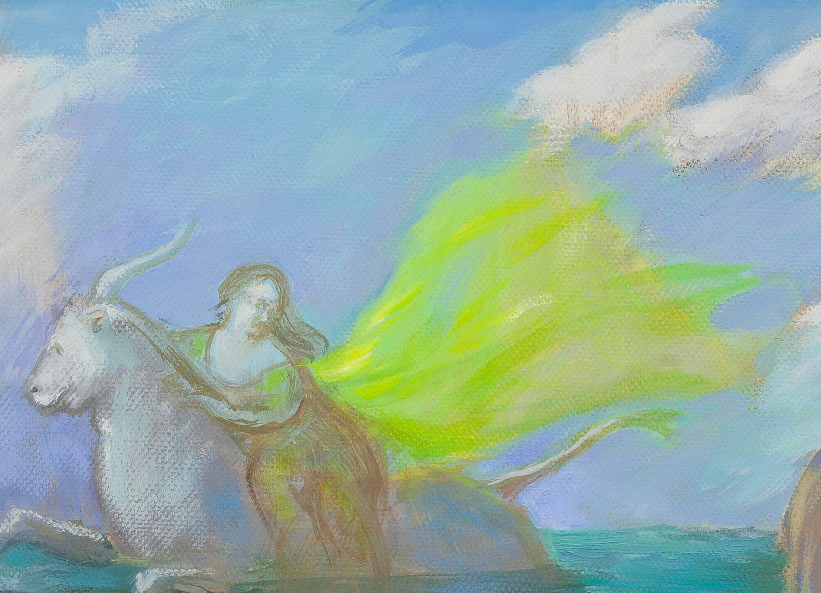 Mythologisches Ölgemälde auf Leinwand mit einer weiblichen Figur und einem weißen Stier, die das Meer durchqueren, in leuchtenden Tönen und mit zeitgenössischer Figuration.

Diese mythologische Meeresszene in Öl auf Leinwand gehört zu El Rapto de