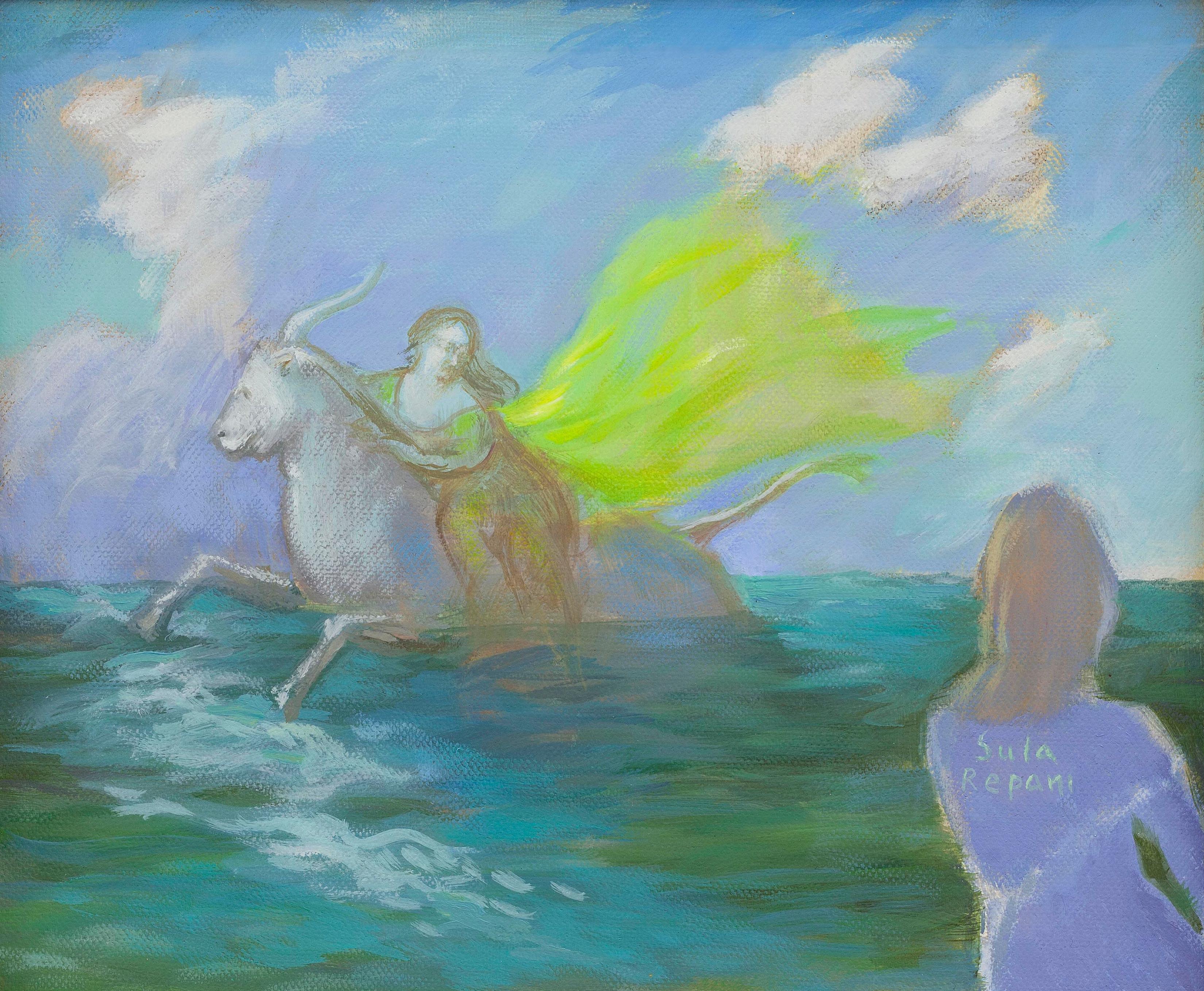 Mythologische Seeszene in Öl mit Stier und weiblicher Figur. Der Raub von Europa Zwei