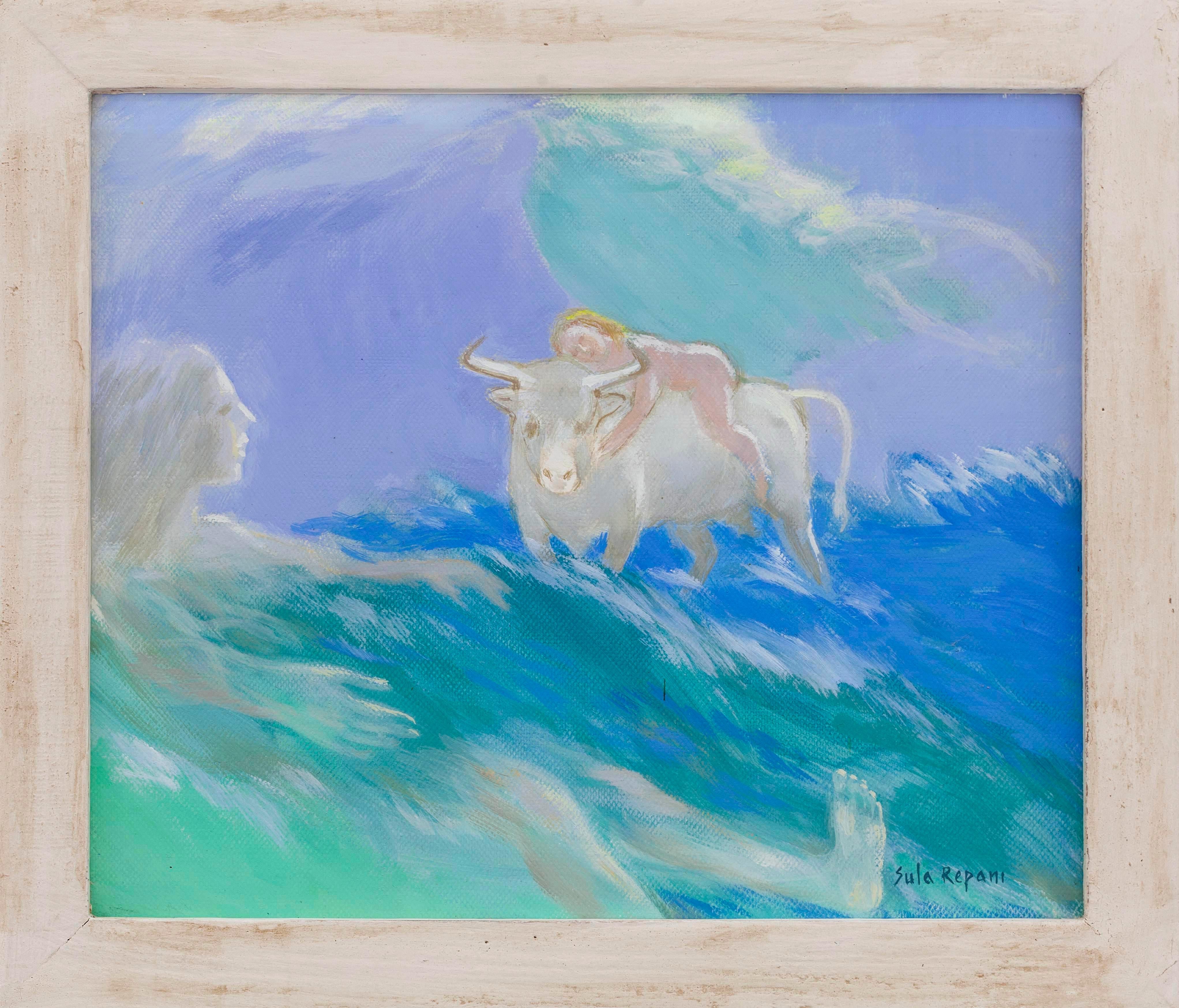 Akt und weißer Stier Mythologische Ölgemälde auf Leinwand. Der Raub von Europa Vier – Painting von Sula Repani