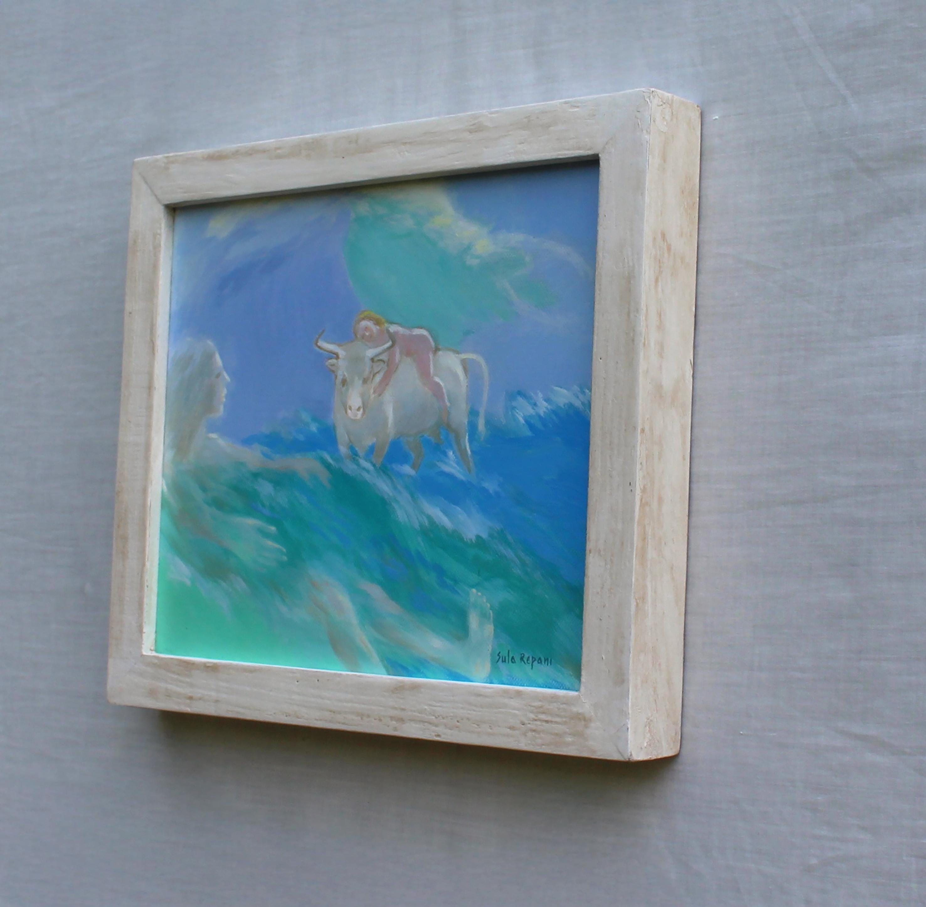 Akt und weißer Stier Mythologische Ölgemälde auf Leinwand. Der Raub von Europa Vier (Blau), Landscape Painting, von Sula Repani
