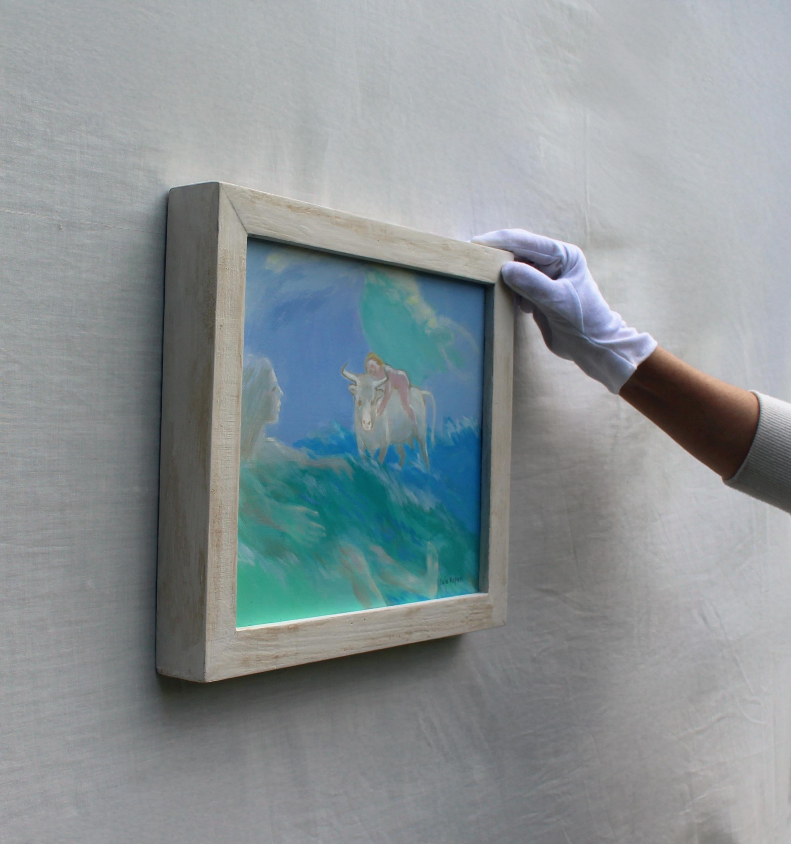 Mythologisches Ölgemälde auf Leinwand mit einer nackten weiblichen Figur, die sich an einen weißen Stier klammert, der sich über türkisfarbenes Wasser mit gespenstischen Meeresgestalten bewegt.

Die Vergewaltigung Europas 4 ist Teil der