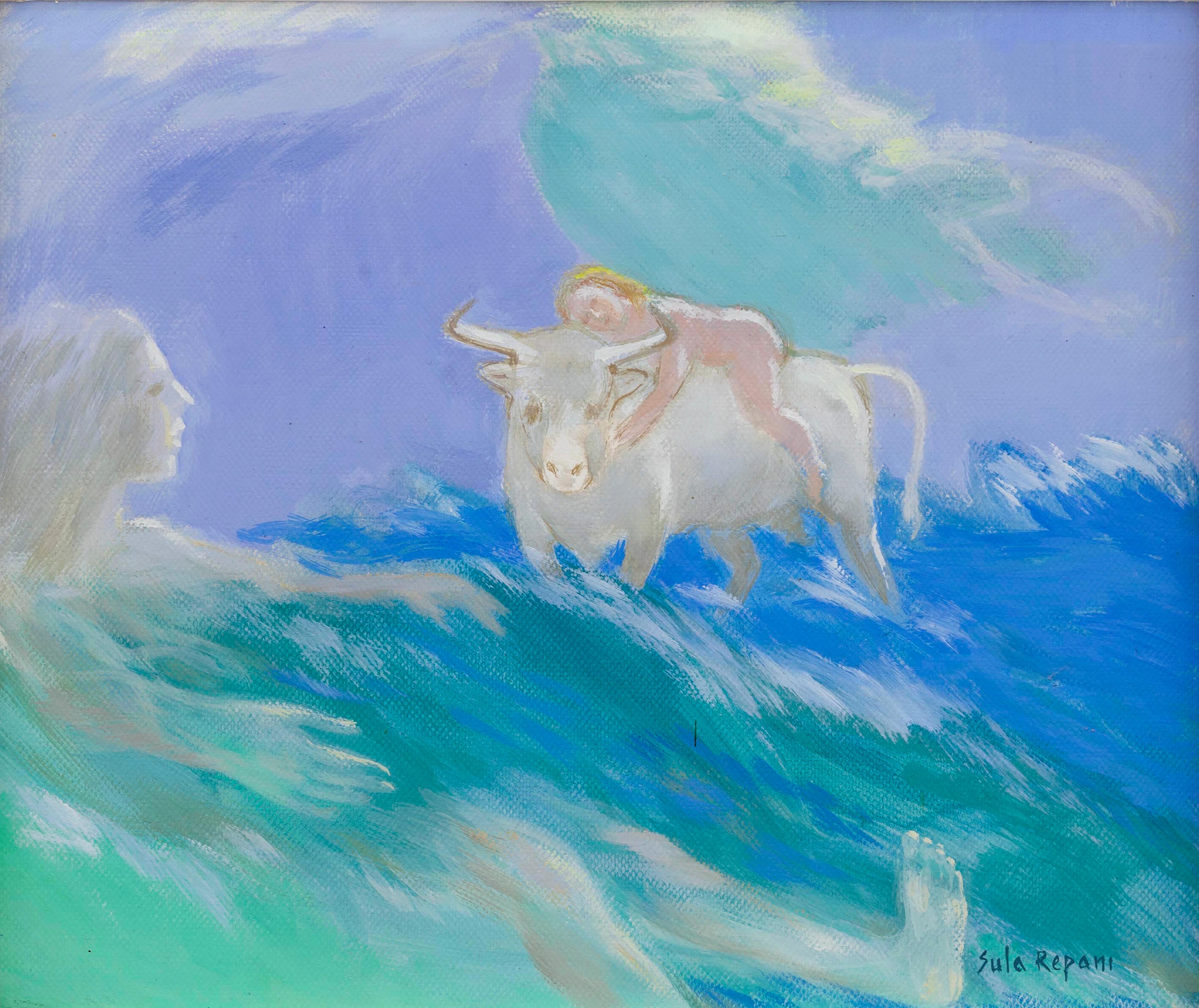 Akt und weißer Stier Mythologische Ölgemälde auf Leinwand. Der Raub von Europa Vier