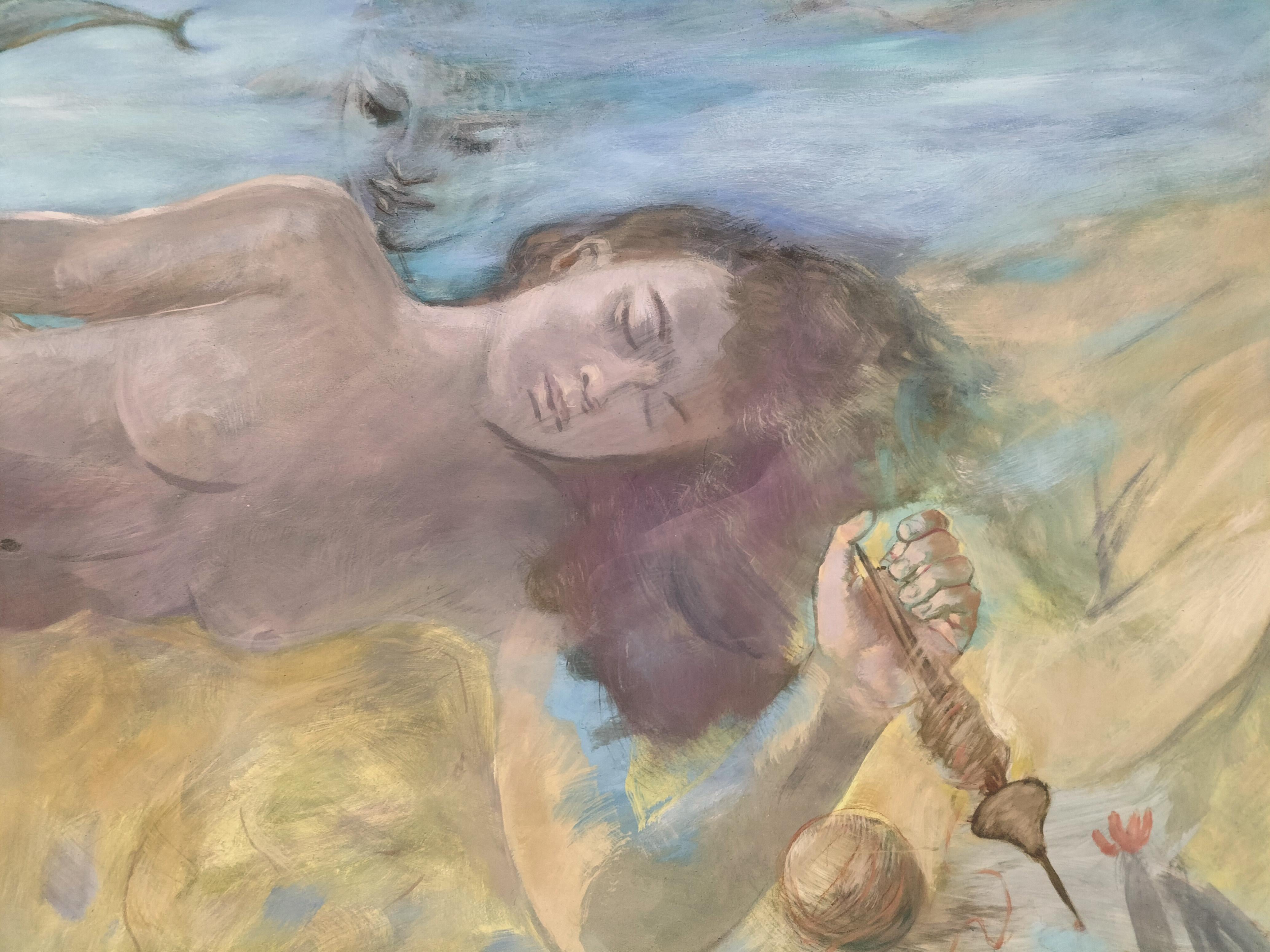 Penelope Mythologische Zeitgenössische Symbolische Nackte Weibliche Figur Ölgemälde (Grau), Nude Painting, von Sula Repani