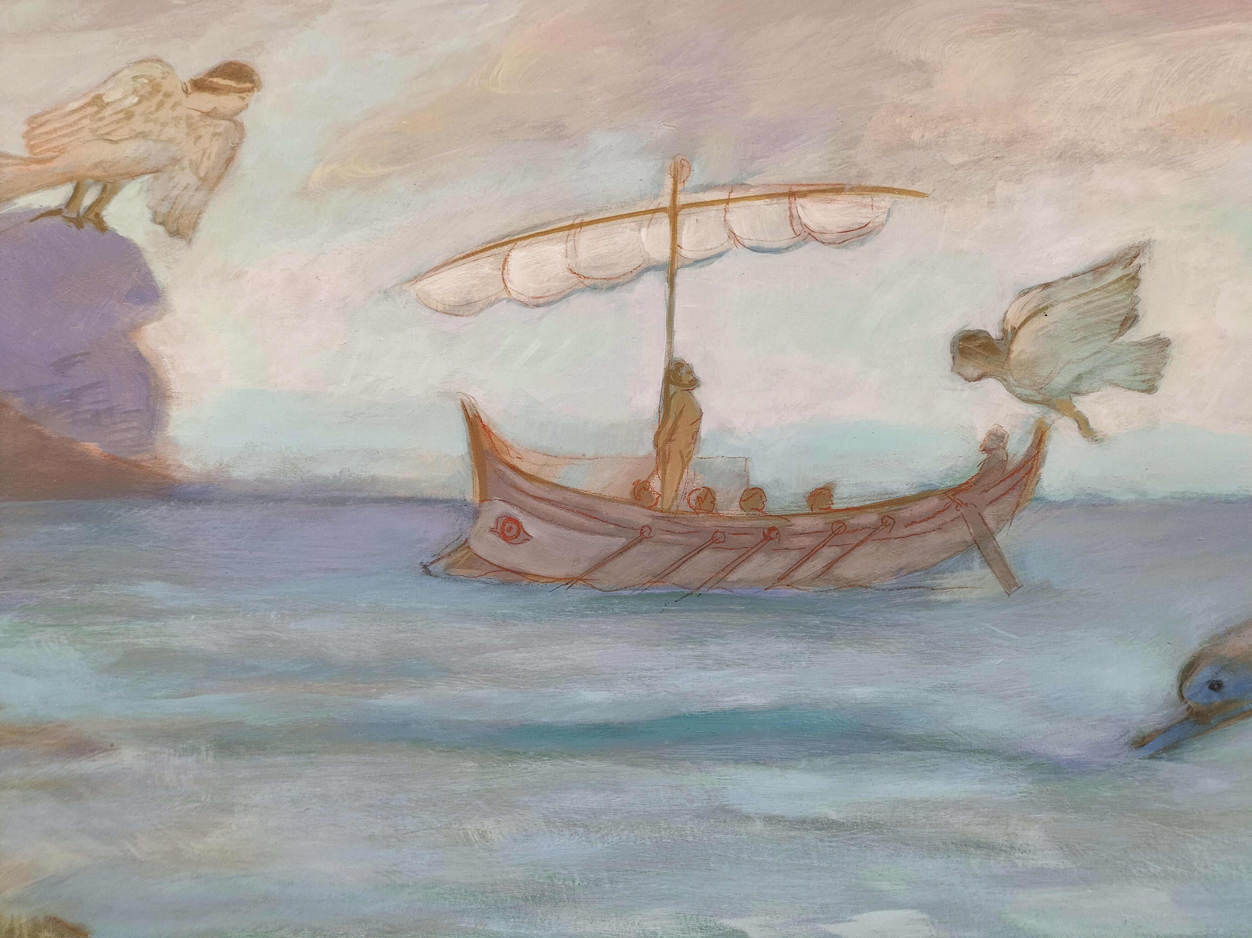 Ölgemälde mit mythologischem Akt auf Tafel, das eine liegende weibliche Figur an einem Mittelmeerstrand darstellt, die Penelope aus dem Homer-Mythos nachempfindet.

Die großformatige figurative Malerei von Sula Repani interpretiert den Mythos der