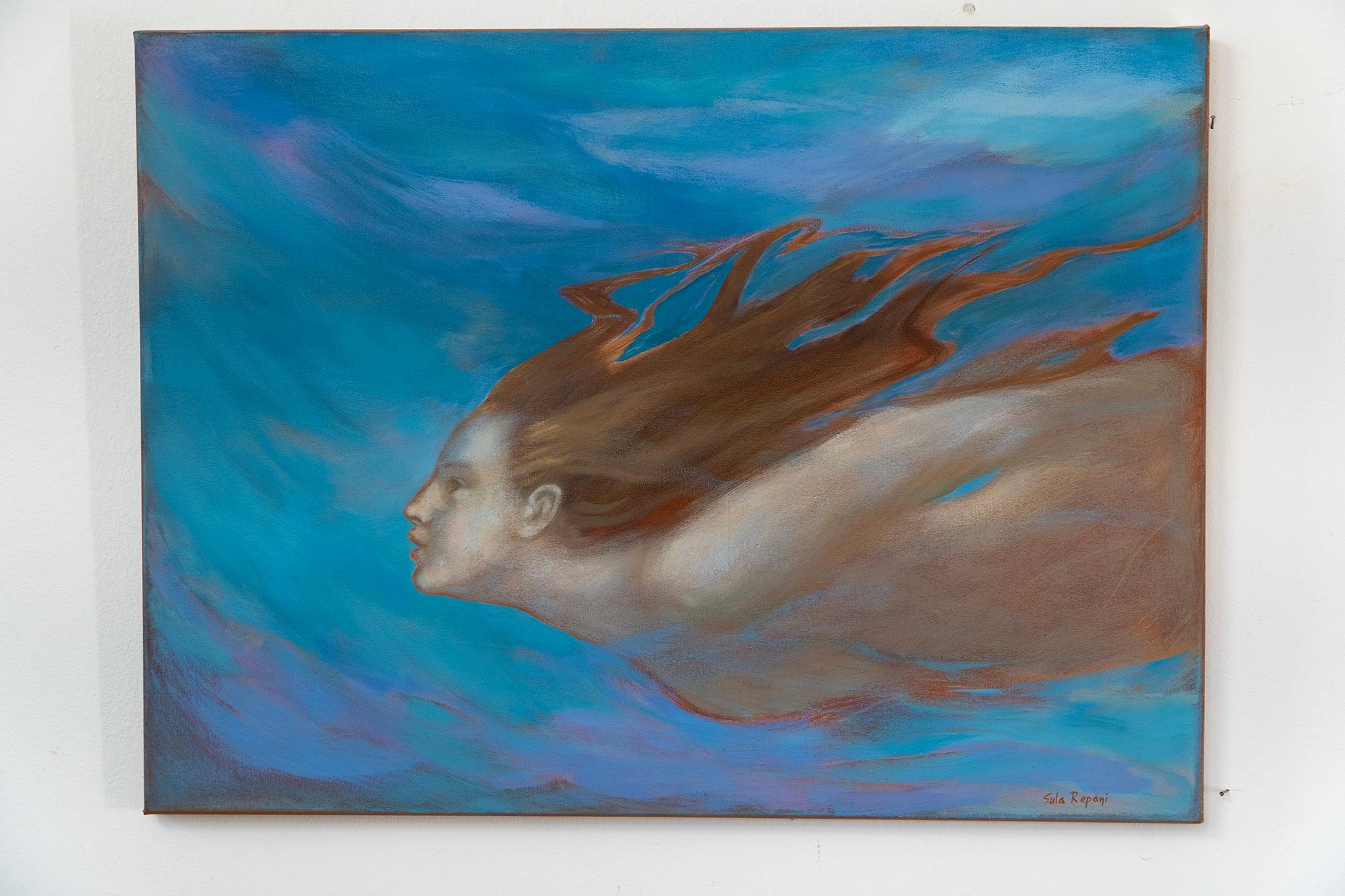 Retrato subacuático de una nadadora - Pintura al óleo en tonos azules oceánicos - Painting de Sula Repani