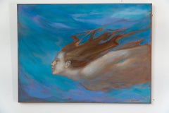 Underwater Portrait of a Female Swimmer – Oil Painting in Oceanic Blue Tones