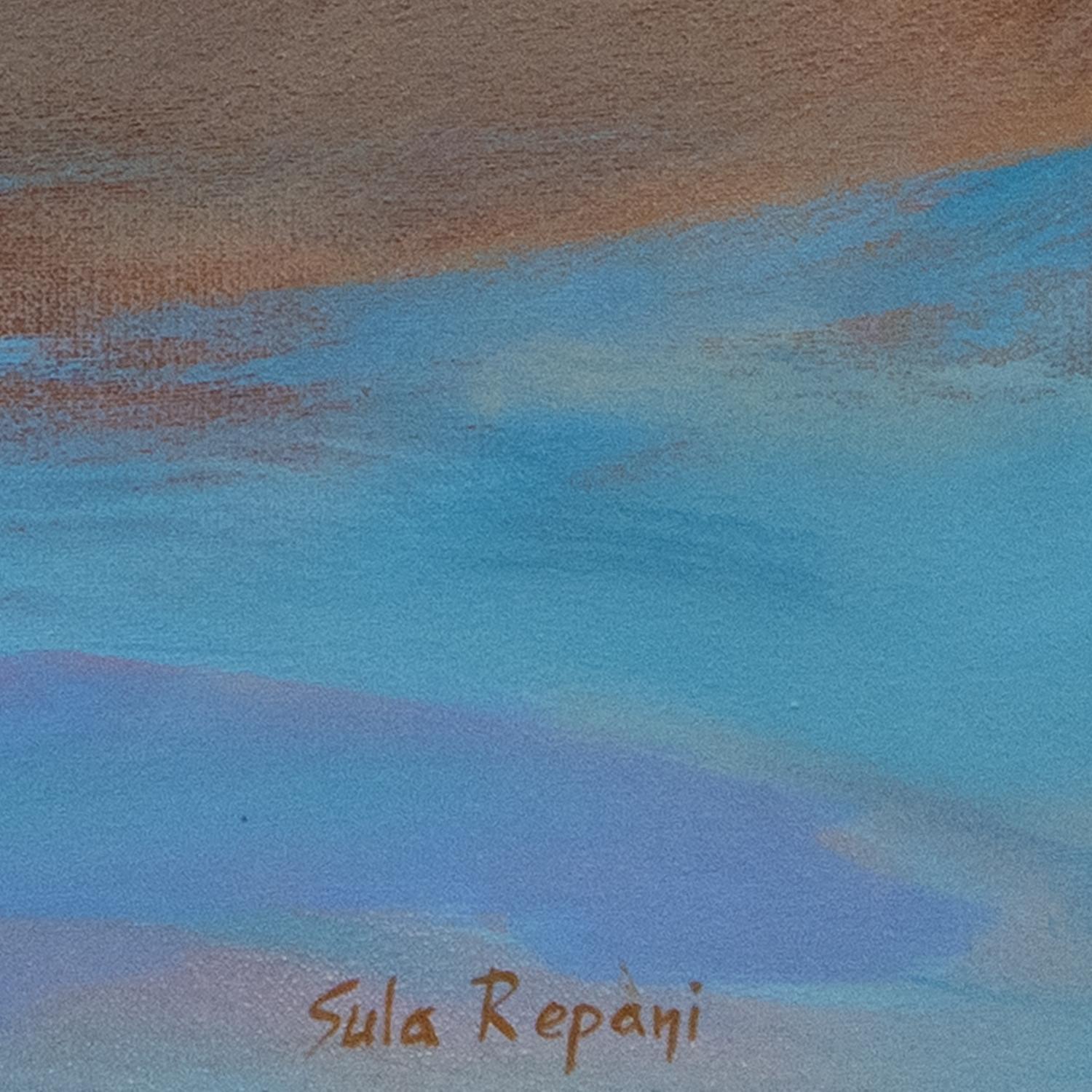 Retrato subacuático de una nadadora - Pintura al óleo en tonos azules oceánicos en venta 1
