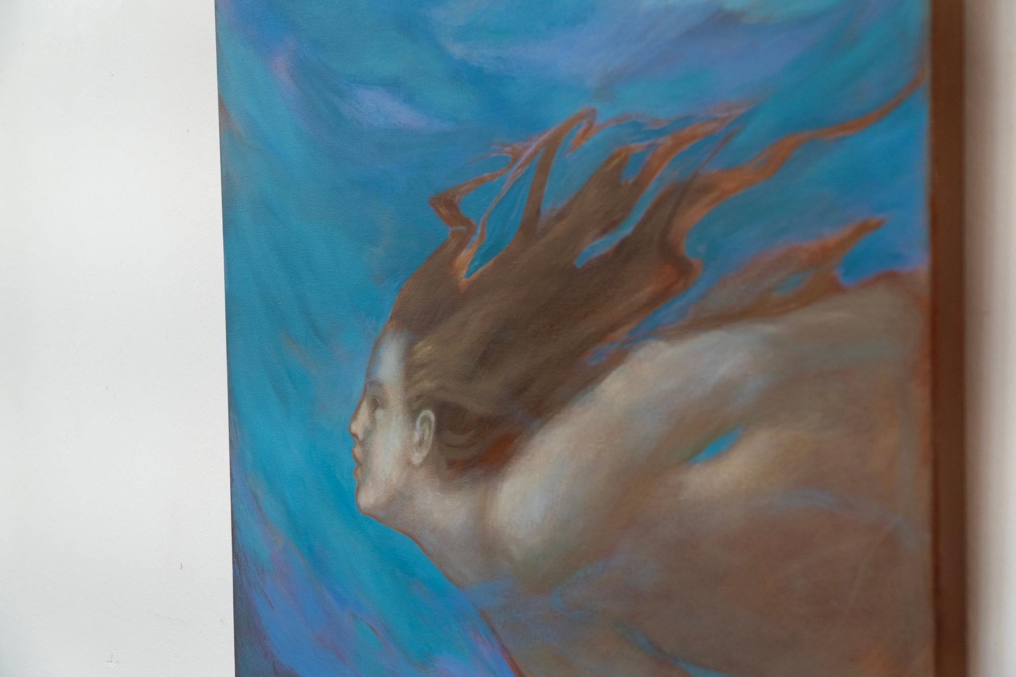 Retrato subacuático de una nadadora - Pintura al óleo en tonos azules oceánicos en venta 2