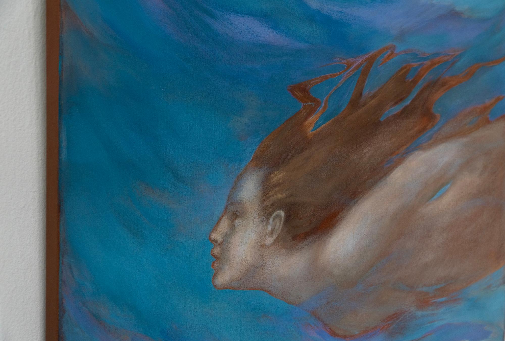 Retrato subacuático de una nadadora - Pintura al óleo en tonos azules oceánicos en venta 3