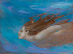 Underwater Portrait of a Female Swimmer – Oil Painting in Oceanic Blue Tones