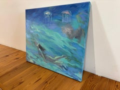 Pintura Submarina Surrealista con Medusa y Retrato Marino de Mujer Nadadora