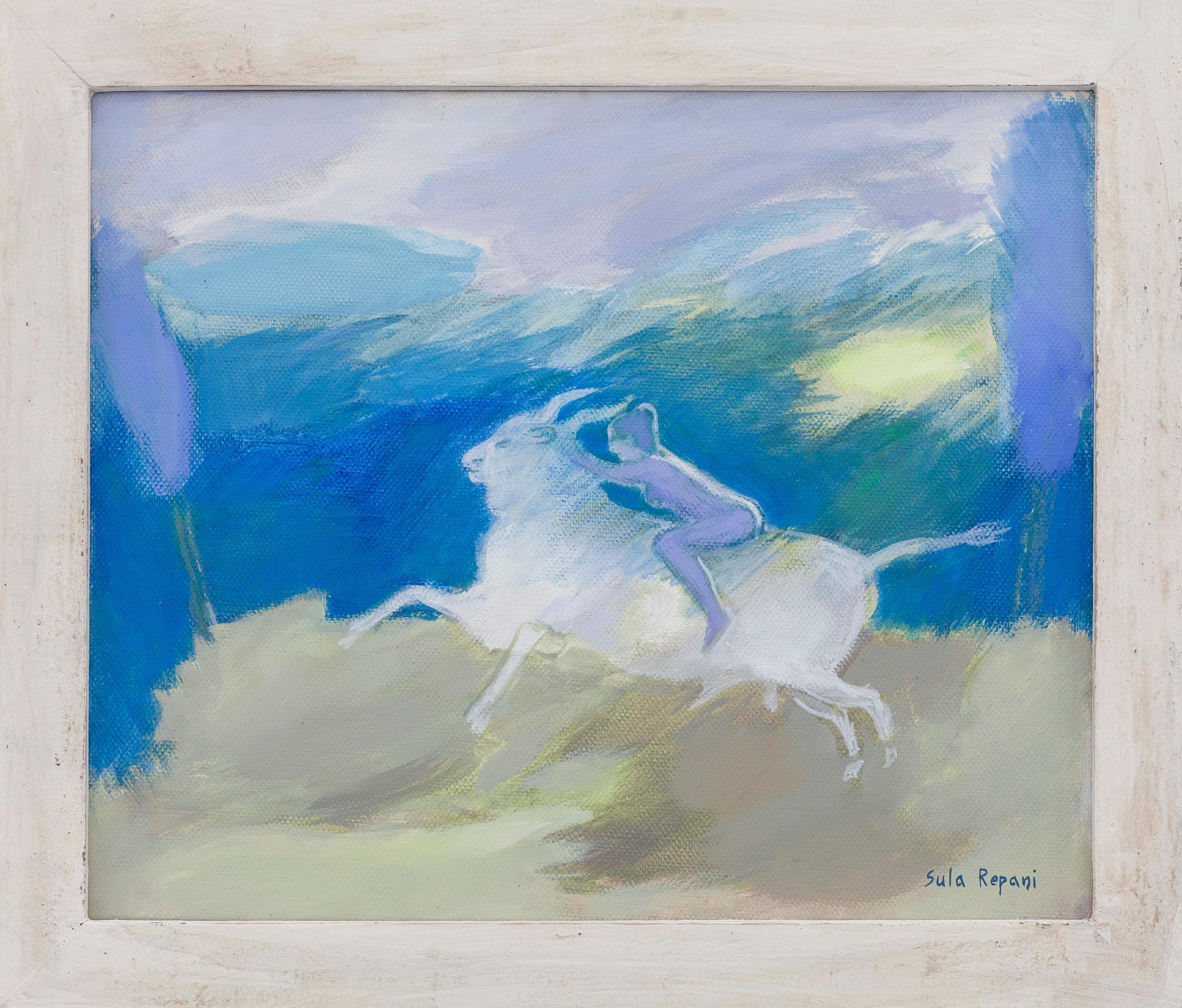 The Rape of Europe Five Mythological Nude and Bull Oil Painting on Canvas - Blue Landscape Painting by Sula Repani