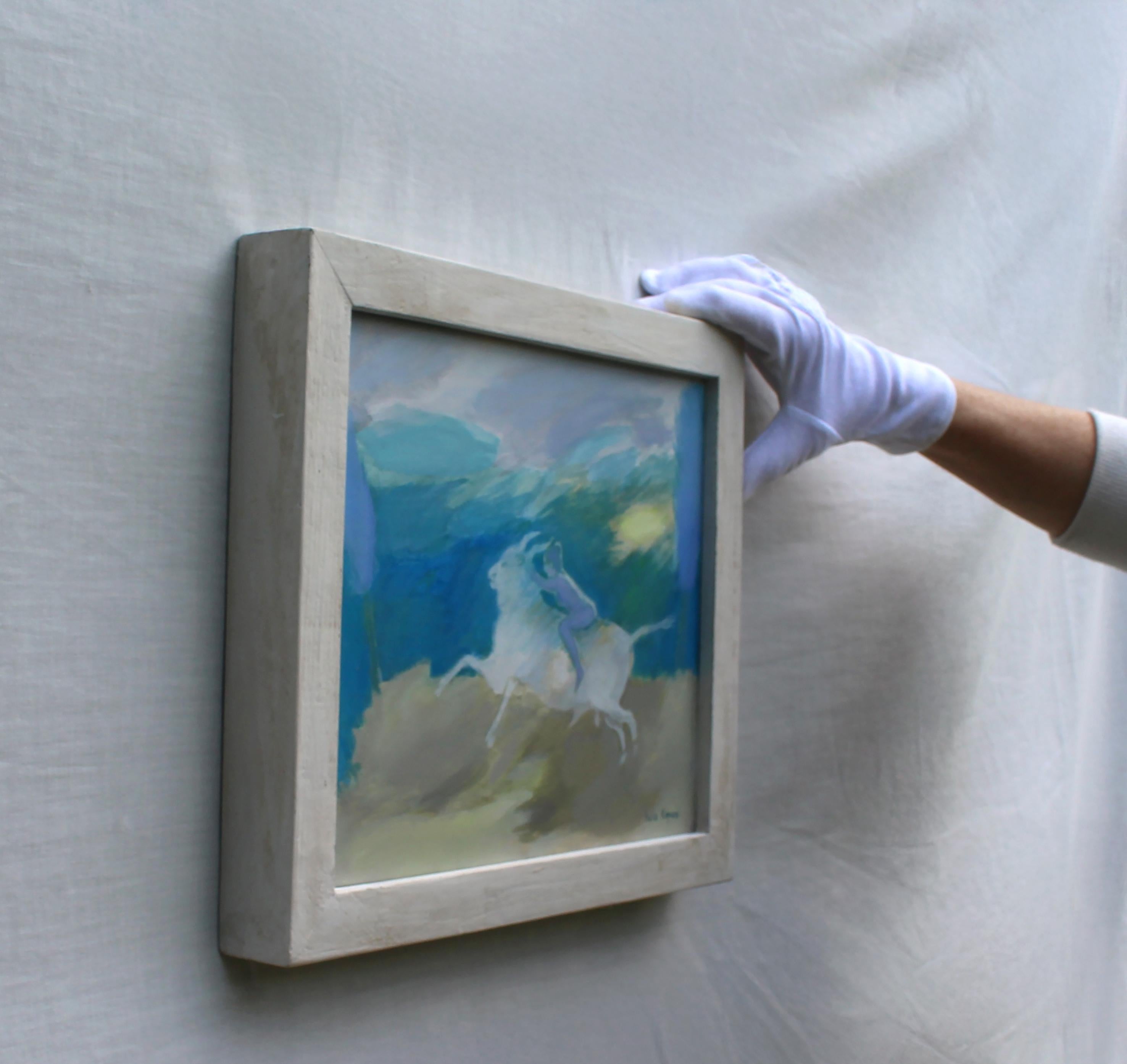 Mythological oil painting on canvas depicting a stylized nude figure riding a white bull in a Mediterranean-inspired landscape of blues and lavender.

The Rape of Europe Five continues Sula Repani’s six-part reinterpretation of the classical myth of