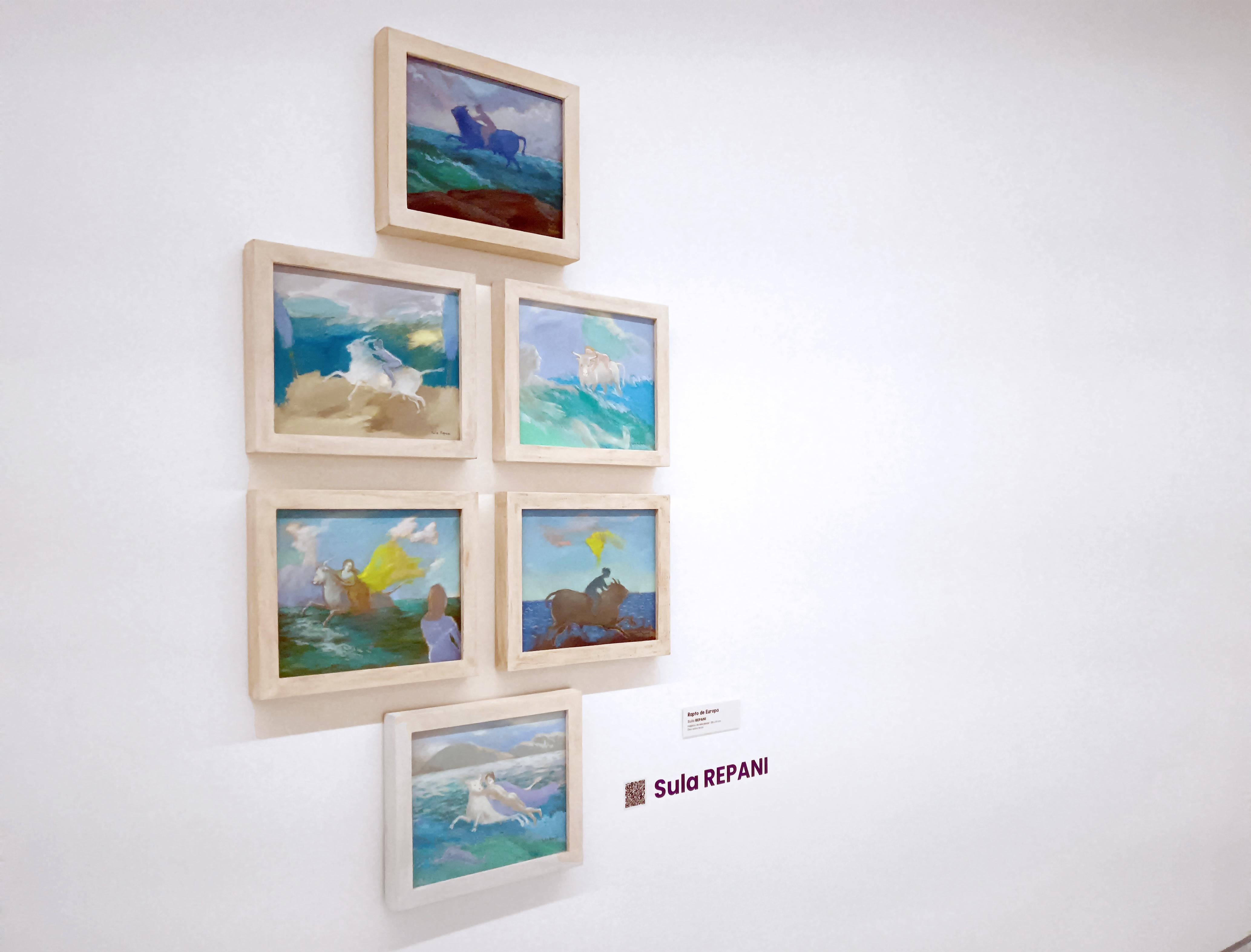 Série Le viol de l'Europe Ensemble de six peintures à l'huile mythologiques sur toile encadrée - Painting de Sula Repani