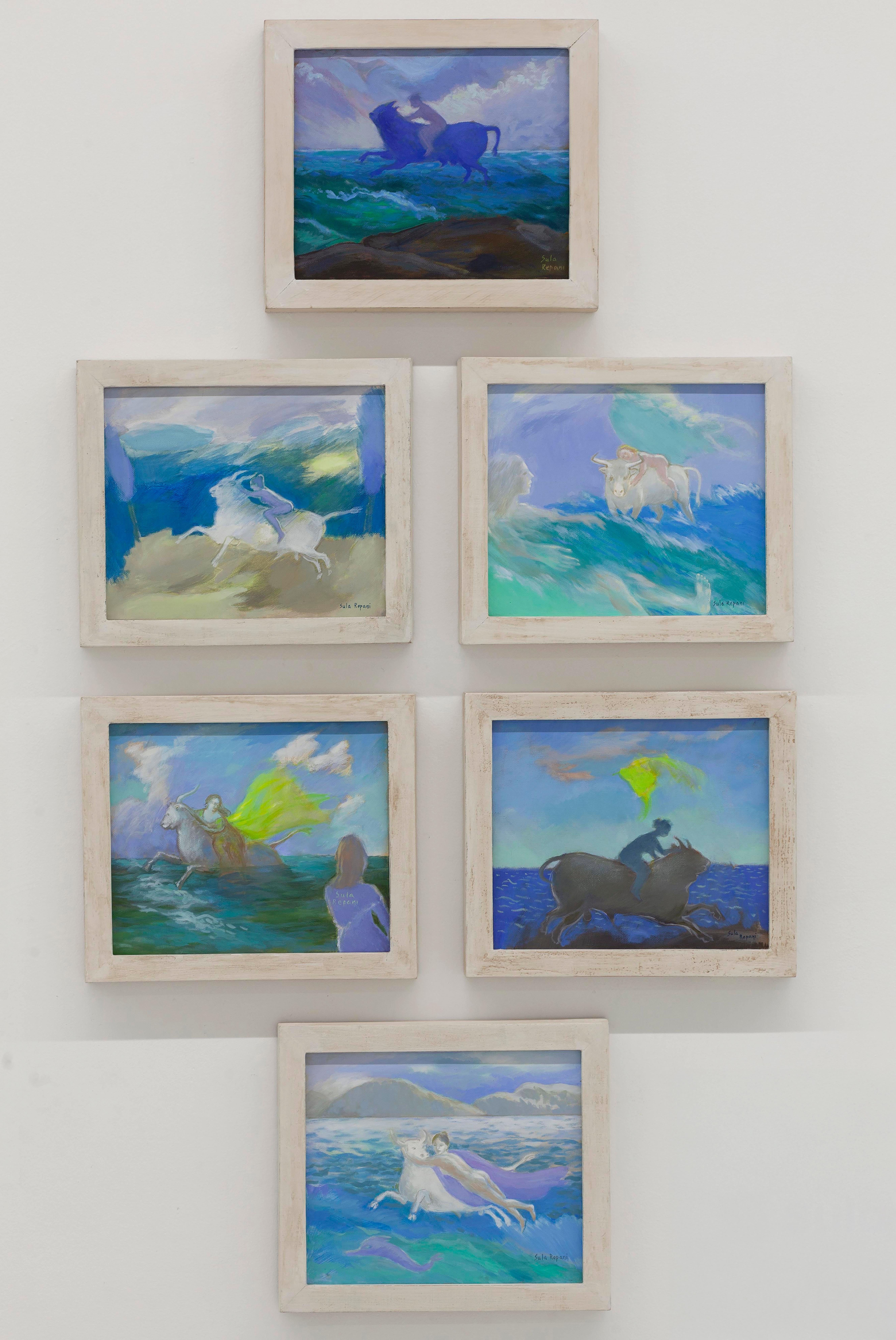 Landscape Painting Sula Repani - Série Le viol de l'Europe Ensemble de six peintures à l'huile mythologiques sur toile encadrée