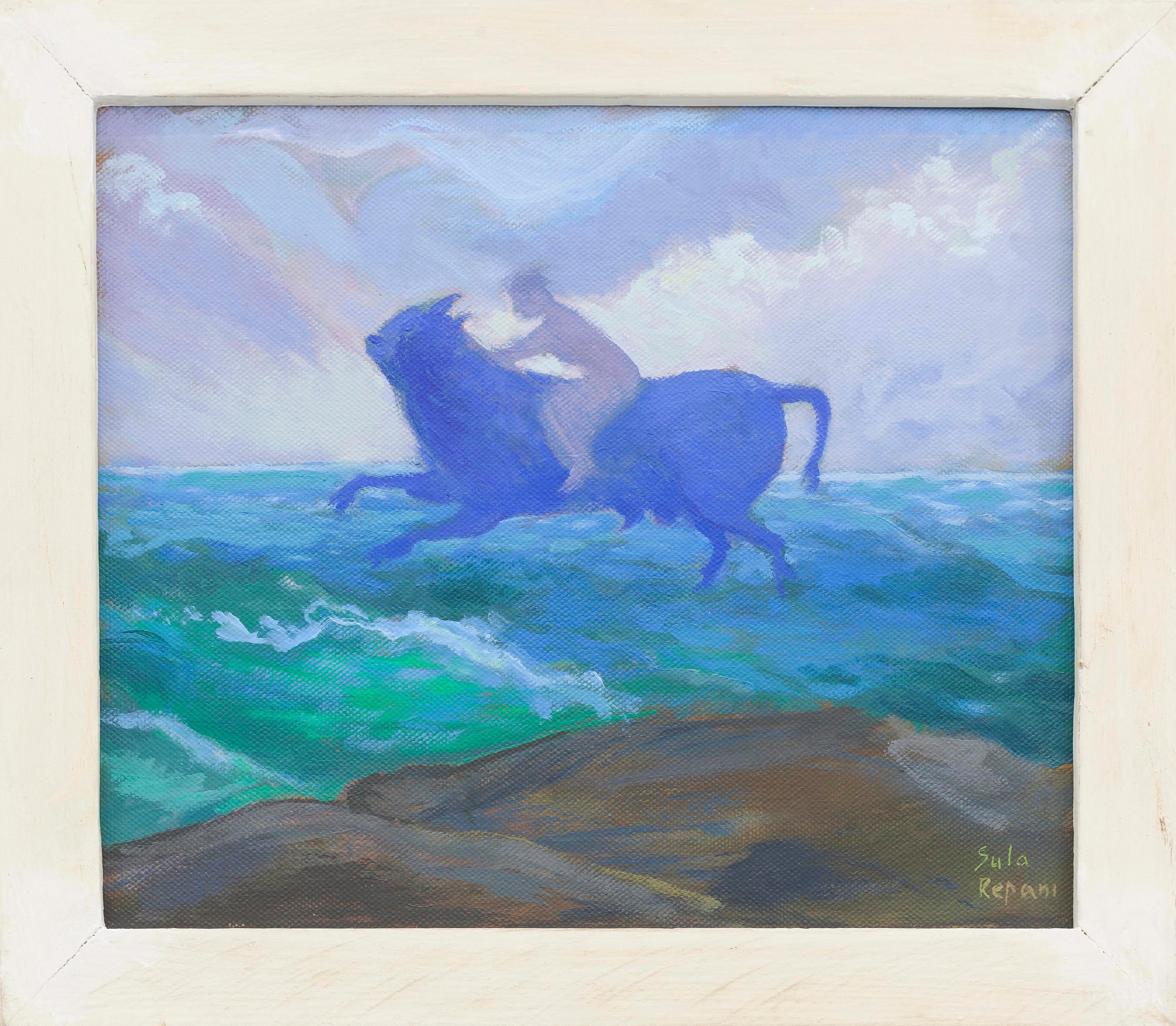 Die Vergewaltigung von Europa Sechs. Mythologischer Stier und Akt Gerahmtes Ölgemälde auf Leinwand – Painting von Sula Repani