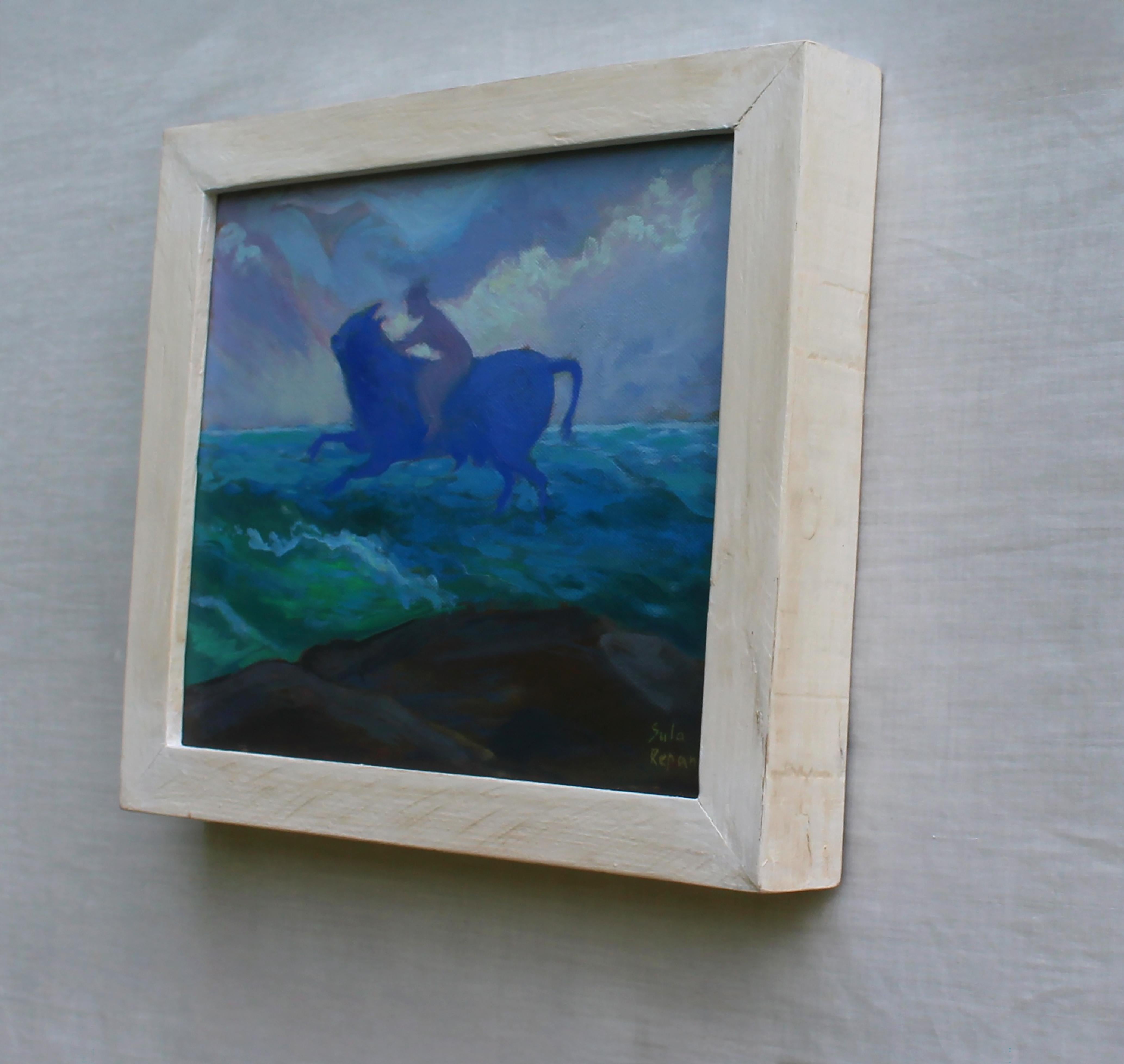 Mythologisches figuratives Ölgemälde auf Leinwand, das einen stilisierten Akt darstellt, der auf einem Stier über stürmische Wellen unter einem weiten, leuchtenden Himmel reitet.

The Rape of Europe Six bildet den Abschluss von Sula Repanis