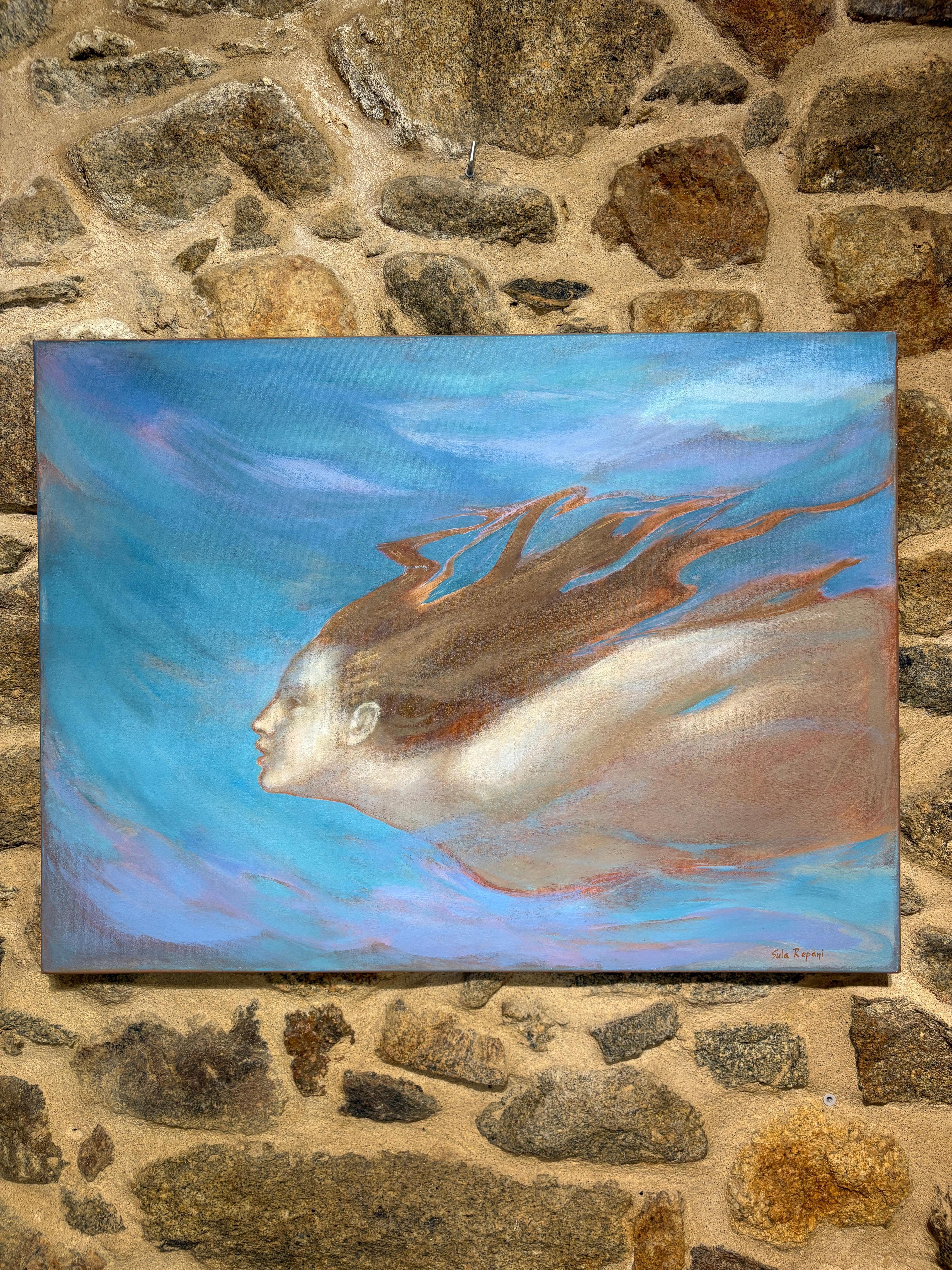 Sula Repani Landscape Painting - Underwater Figurative Oil Painting Female Swimmer Blue Tonal Portrait on Canvas