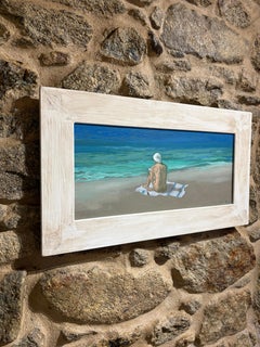 White Turban - 2024, huile sur carton, scène de plage figurative contemporaine