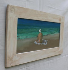 White Turban – 2024, Oil on Cardboard, Contemporary Figurative Beach Scene
