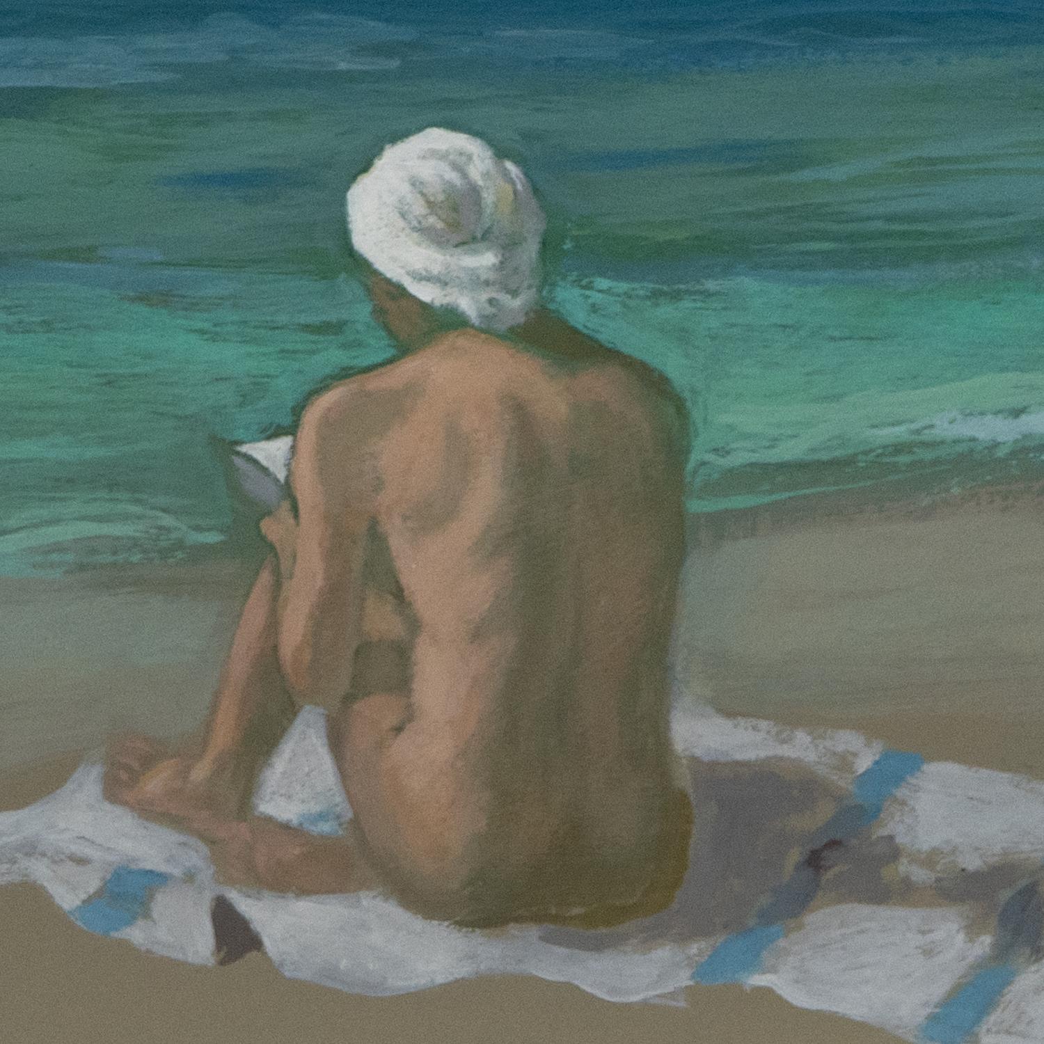 Turbante Blanco - 2024, Óleo sobre cartón, Escena de playa figurativa contemporánea en venta 2