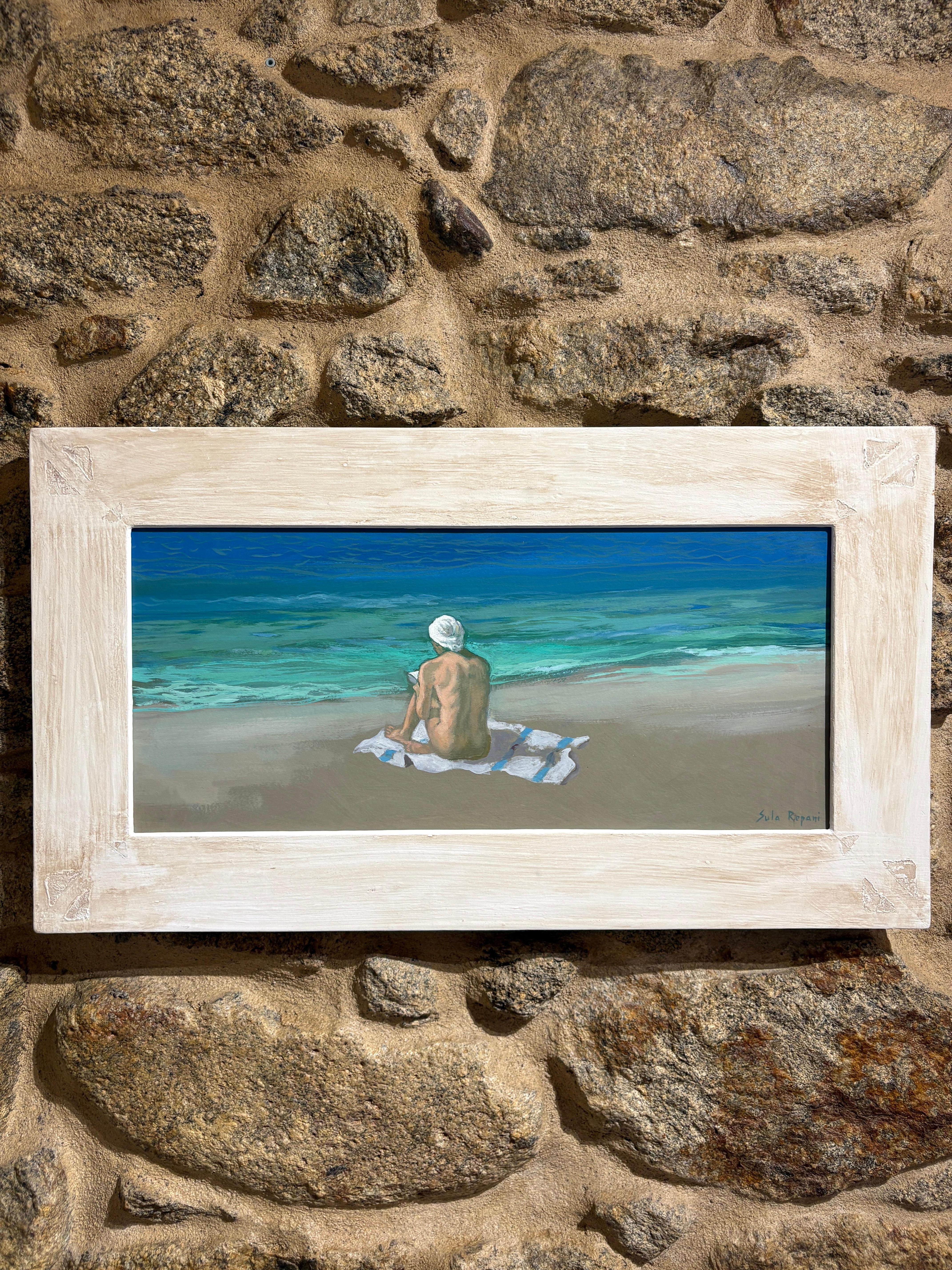 Sula Repani Landscape Painting - Mediterranean Coastal Figurative Oil Painting Seated Female Beach Scene Framed