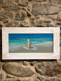 White Turban - 2024, huile sur carton, scène de plage figurative contemporaine