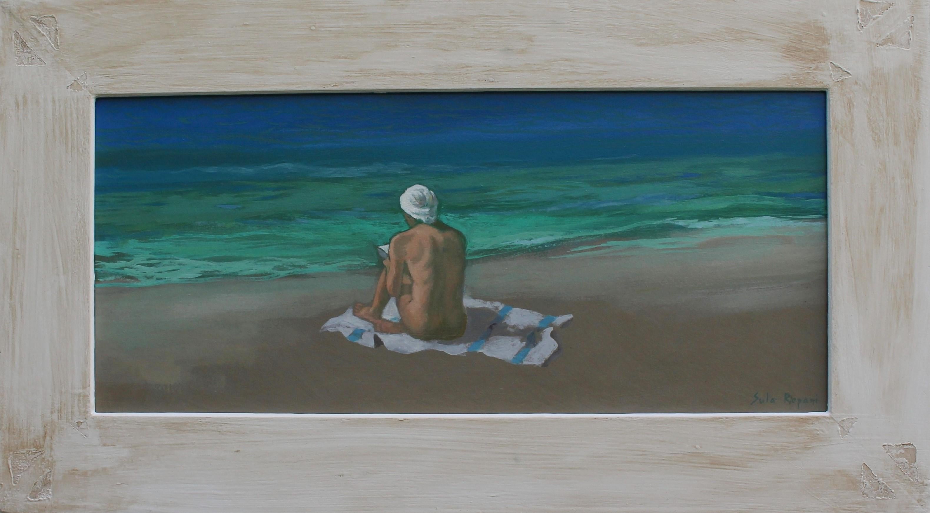 White Turban - 2024, huile sur carton, scène de plage figurative contemporaine