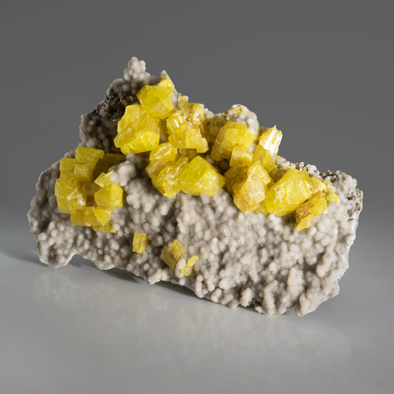 Crystal Sulfur on Aragonite Mineral from Agrigento Province, Sicily, Italy For Sale