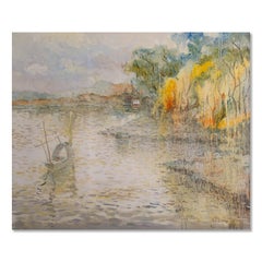 Huile sur toile impressionniste originale Suli Hu « River View 1 » (Vue de rivage)