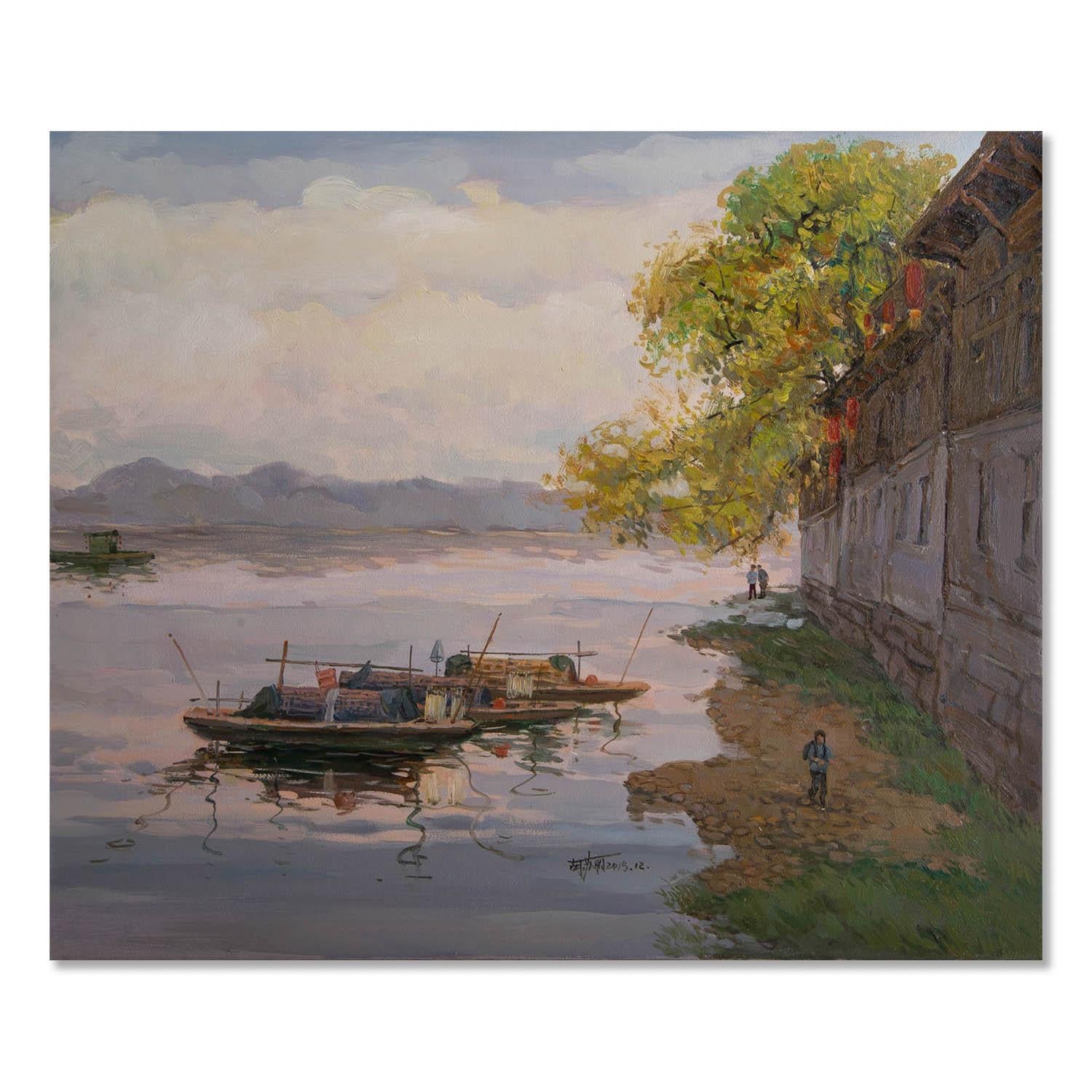  Title: Boat
 Medium: Oil on canvas
 Size: 19.5 x 23 inches
 Frame: Framing options available!
 Condition: The painting appears to be in excellent condition.
 
 Year: 2015
 Artist: Suli Hu
 Signature: Signed
 Signature Location: Lower right

