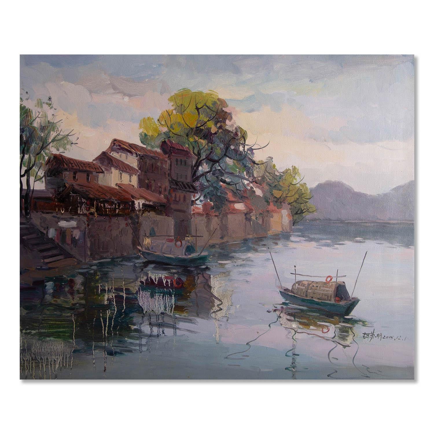  Título Muelle
 Técnica: Óleo sobre lienzo
 Tamaño: 19 x 23 .5 pulgadas
 Marco: Opciones de enmarcado disponibles
 Estado de conservación: El cuadro parece estar en excelentes condiciones.
 
 Año: 2015
 Artista: Suli Hu
 Firma: Firmado
 Ubicación de