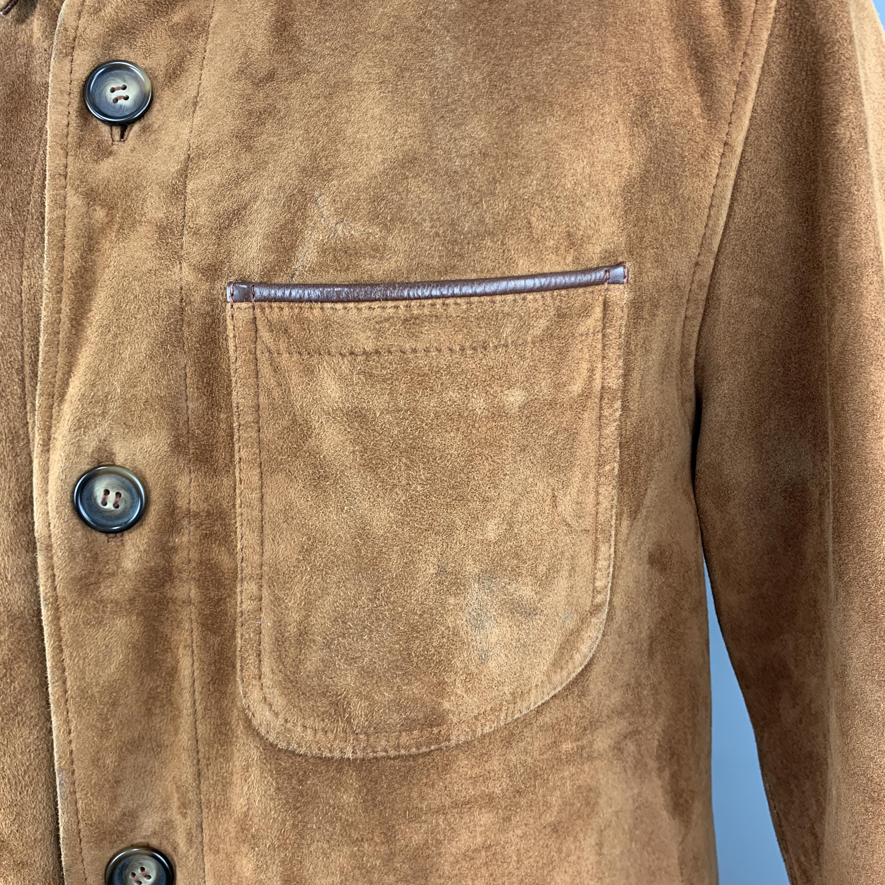 Brown SULKA XXL Tan Suede Button Up Patch Pocket Coat