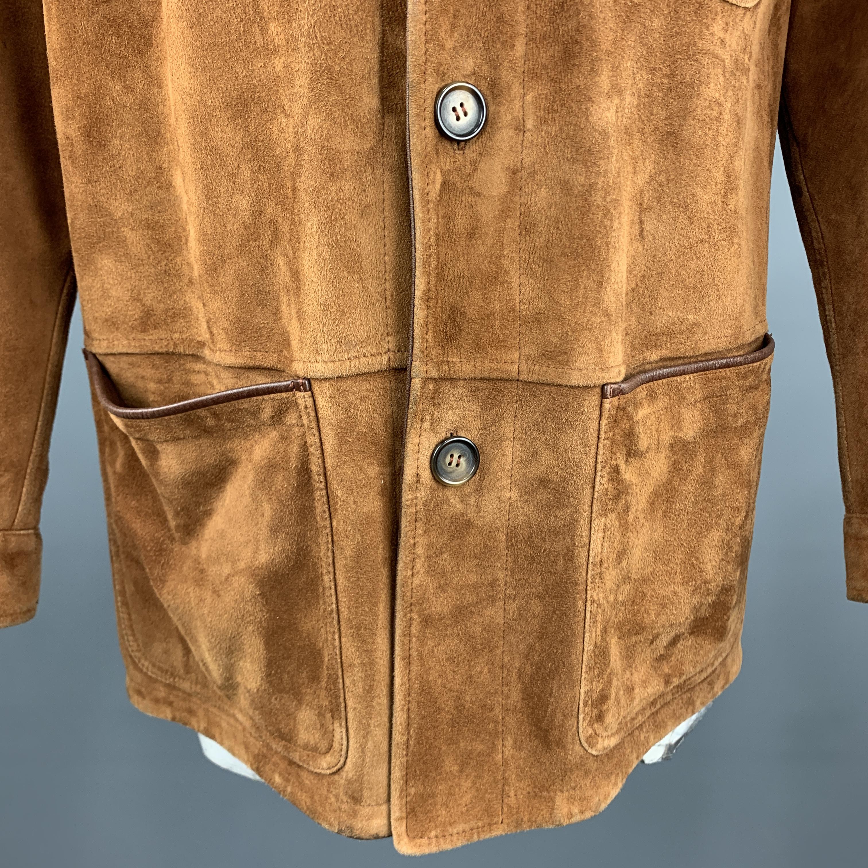 SULKA XXL Tan Suede Button Up Patch Pocket Coat In Good Condition In San Francisco, CA