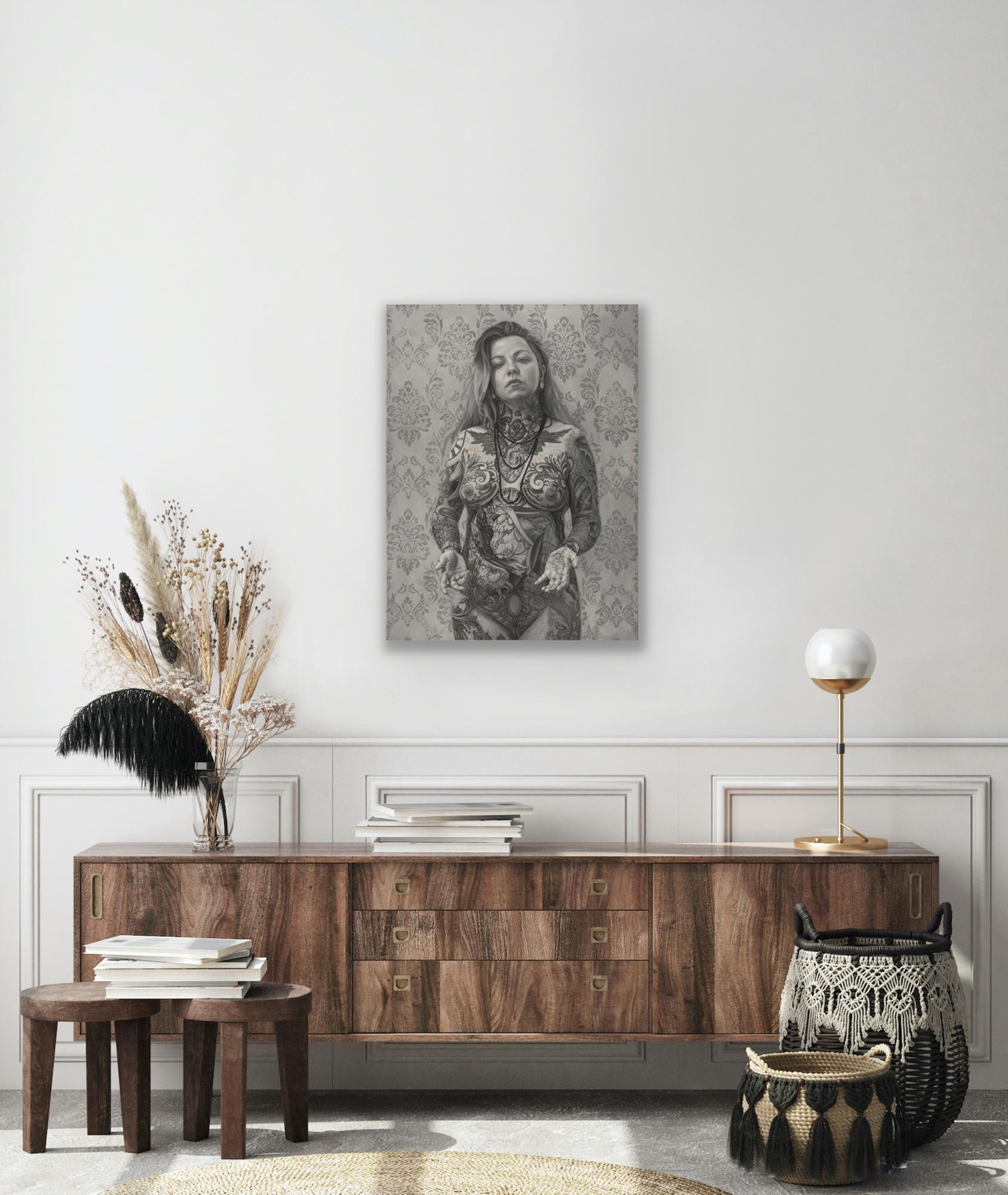 Stunning monochromatic realistic contemporary figurative portrait painting by Sullivan Giles. Size 40 x 30 inches. Oil on canvas. 

The figures Giles depicts are often self-portraits and people from her life, many from the “sub” and “deviant”