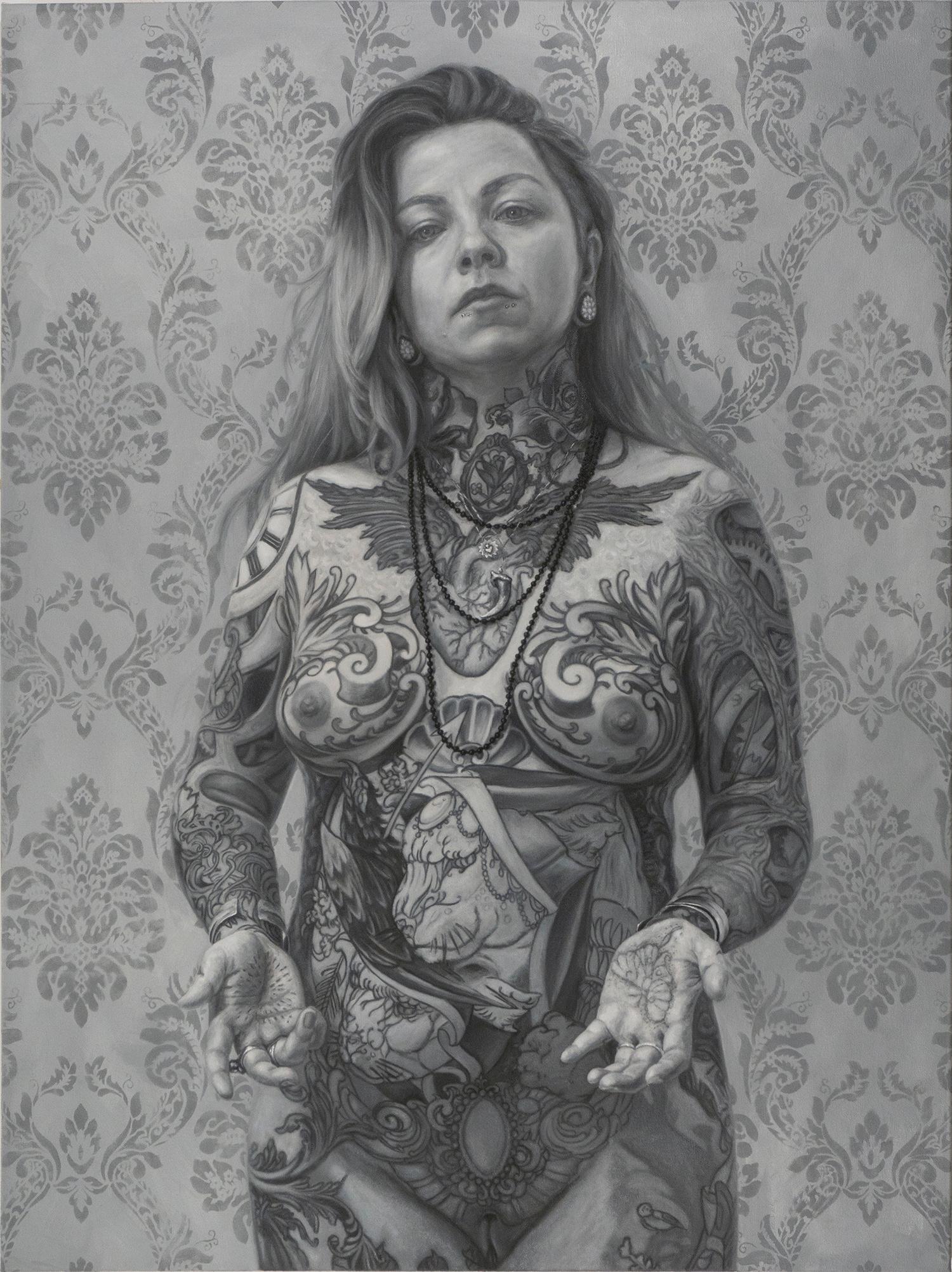 Stunning monochromatic realistic contemporary figurative portrait painting by Sullivan Giles. Size 40 x 30 inches. Oil on canvas. 

The figures Giles depicts are often self-portraits and people from her life, many from the “sub” and “deviant”
