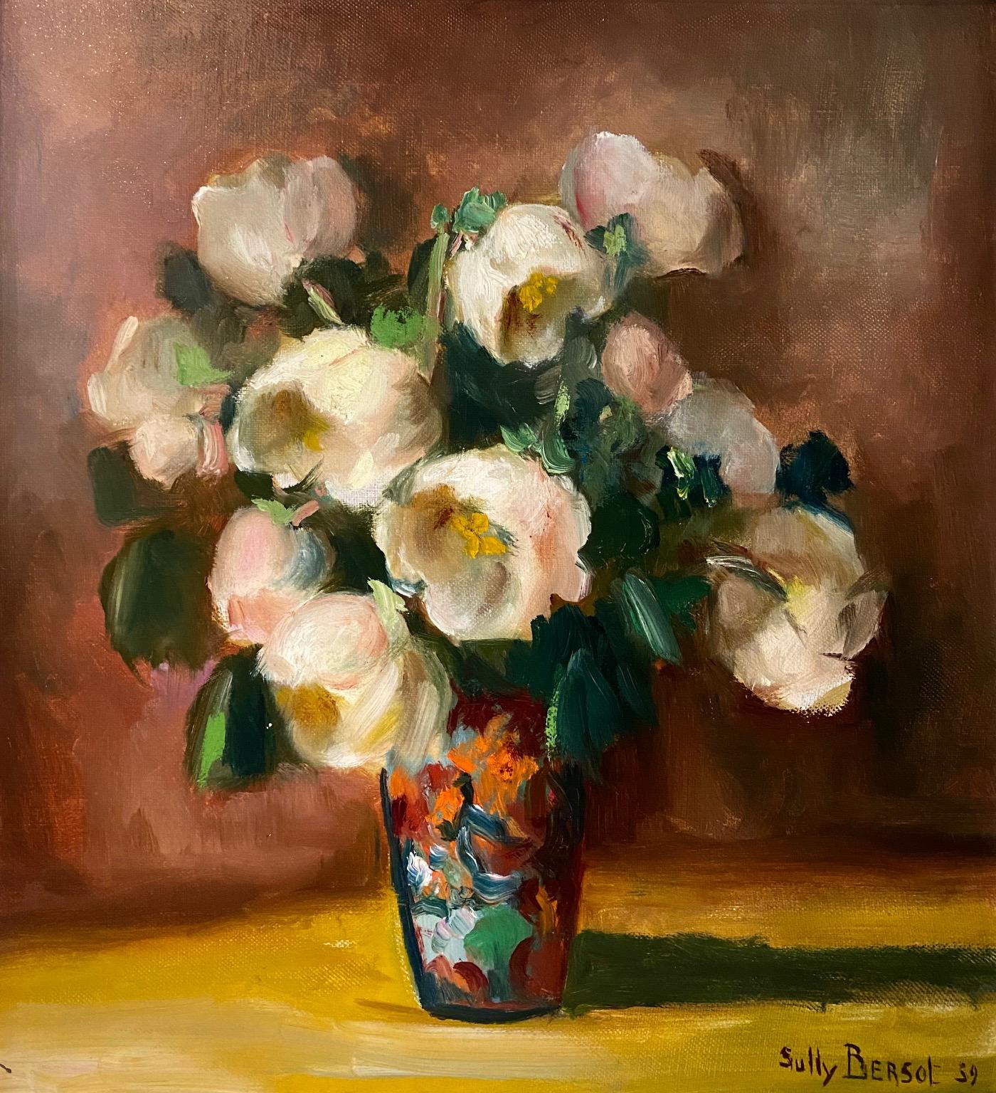 White Roses bouquet by Sully Bersot - Oil on canvas 32x35 cm For Sale 1