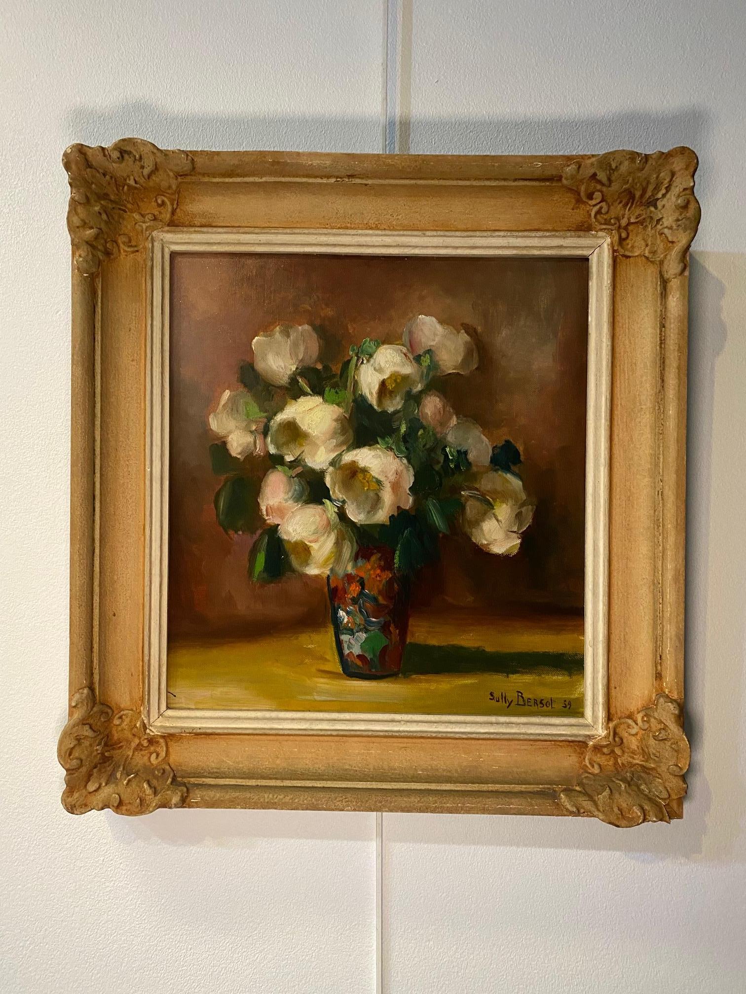 White Roses bouquet by Sully Bersot - Oil on canvas 32x35 cm For Sale 2