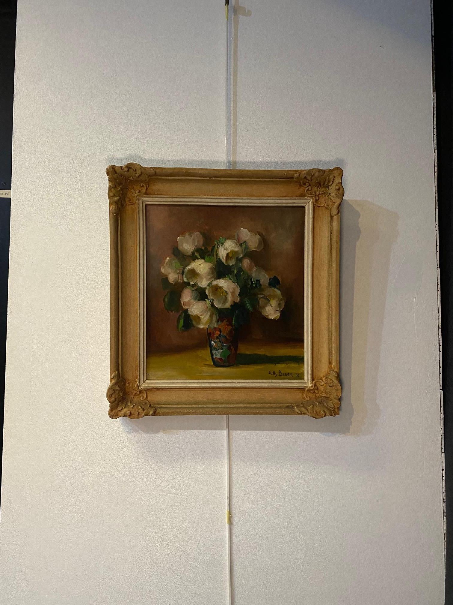 White Roses bouquet by Sully Bersot - Oil on canvas 32x35 cm For Sale 3