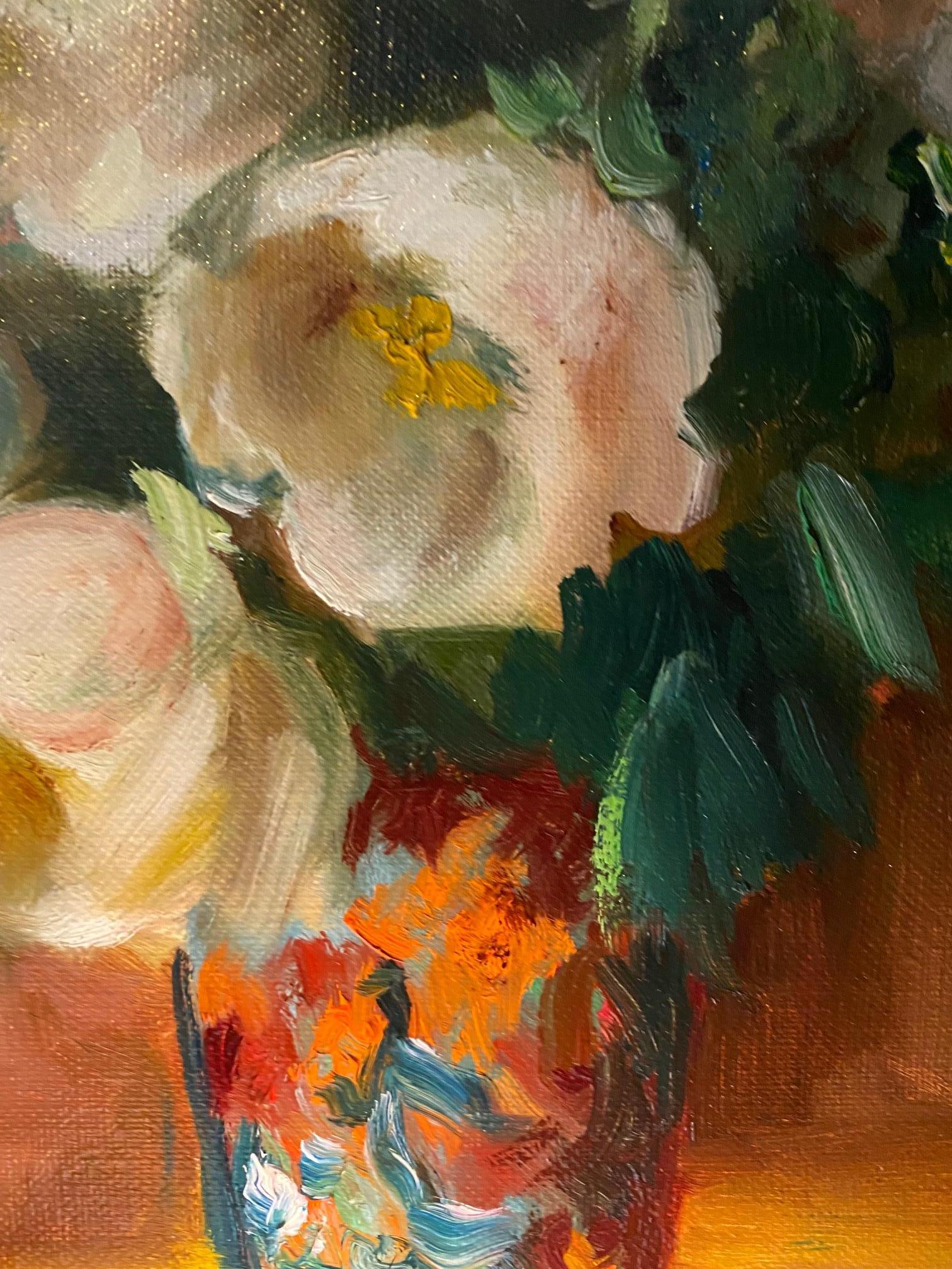 White Roses bouquet by Sully Bersot - Oil on canvas 32x35 cm For Sale 6