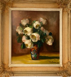 Vintage White Roses bouquet by Sully Bersot - Oil on canvas 32x35 cm