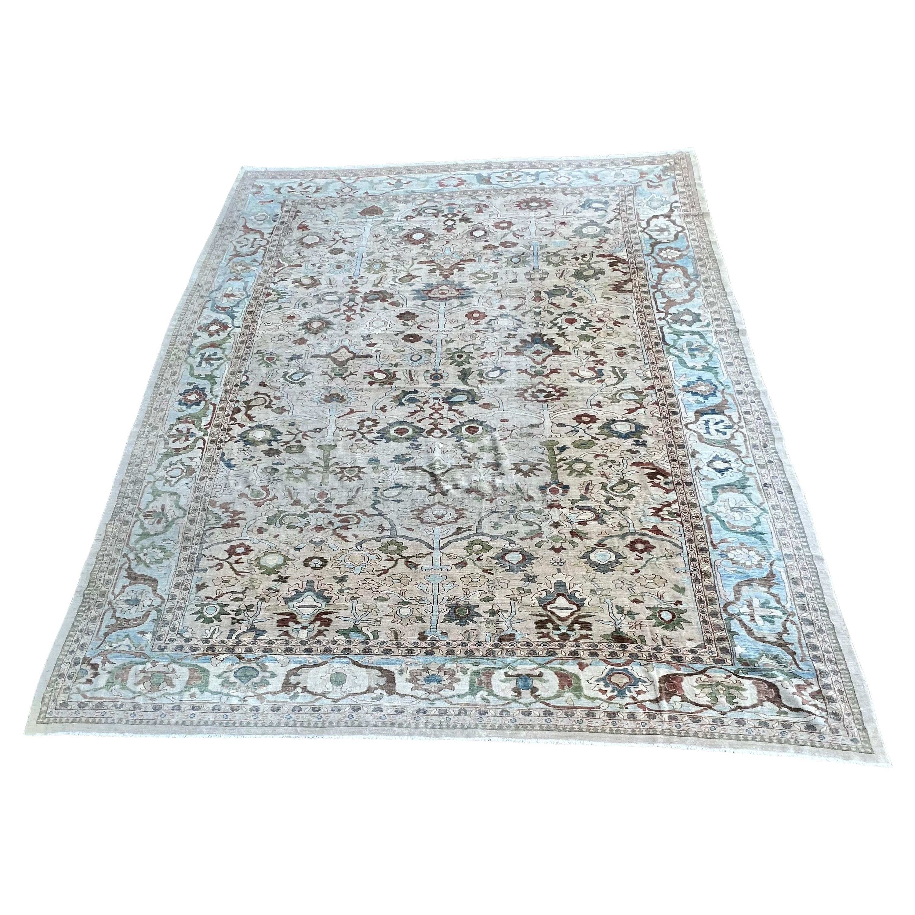 Hand-Woven Sultana Style Rug with ivory, Sky Blue, Beige, Rust, Olive, and Camel Tones For Sale