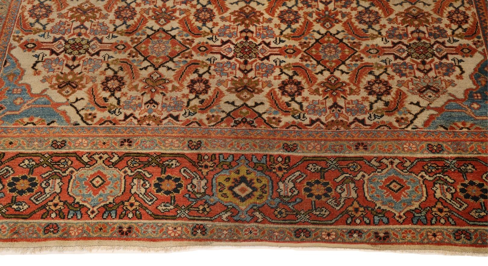 Hand-Knotted Sultanabad Antique Rug, Ivory Red Blue - 8'11