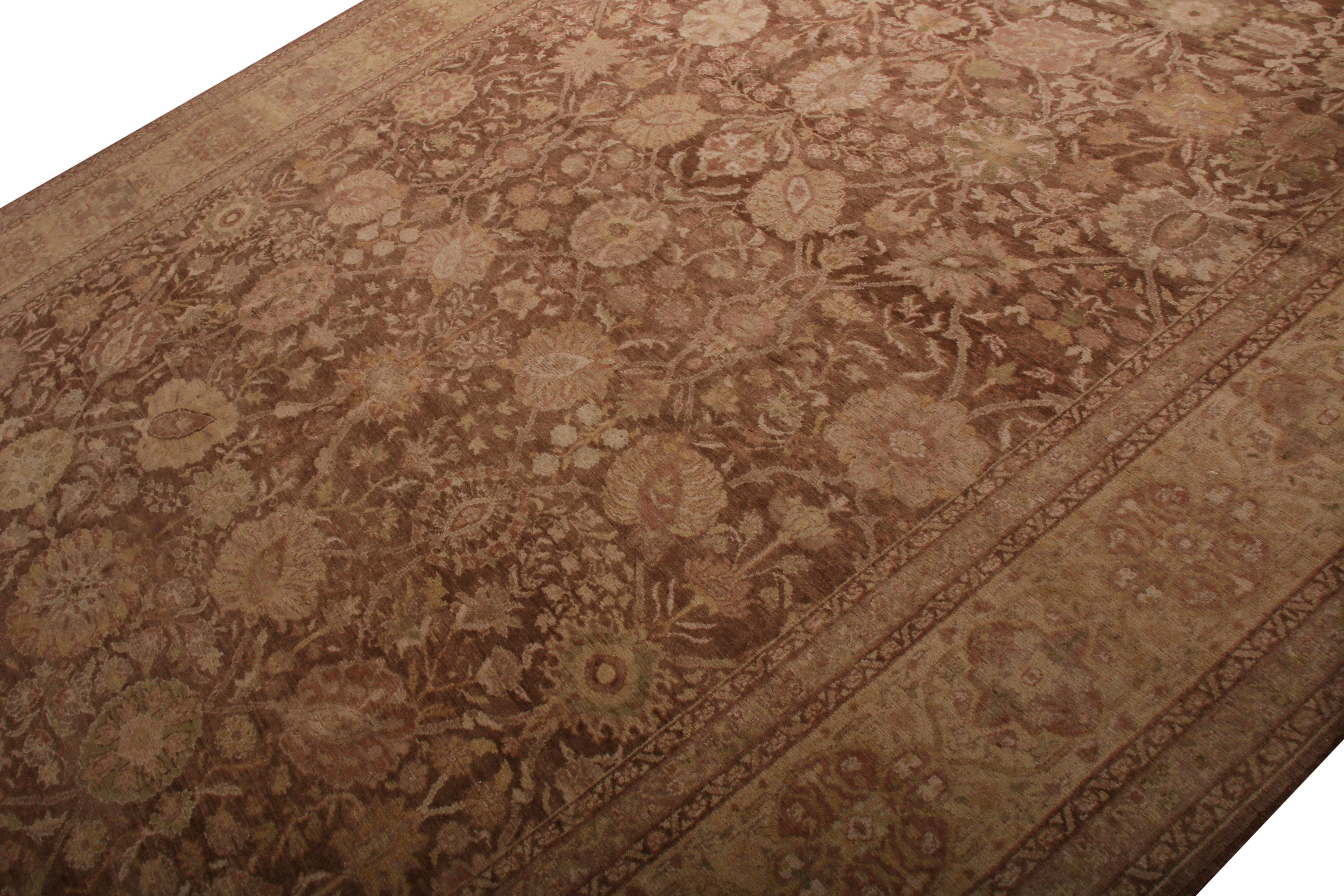 Turkish Rug & Kilim's Sultanabad Antique Style Rug in Brown, Golden Floral Pattern For Sale