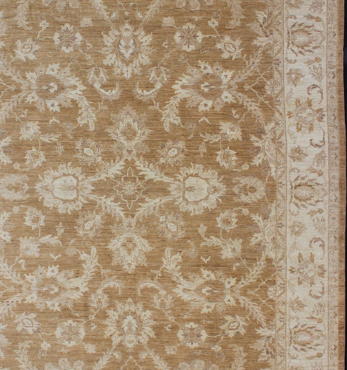Tabriz Sultanabad Design Afghan Made Floral Pattern in Earth Tones with Light Caramel For Sale