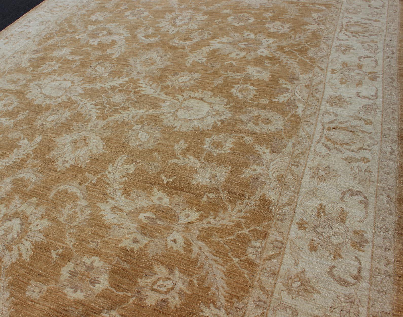 20th Century Sultanabad Design Afghan Made Floral Pattern in Earth Tones with Light Caramel For Sale