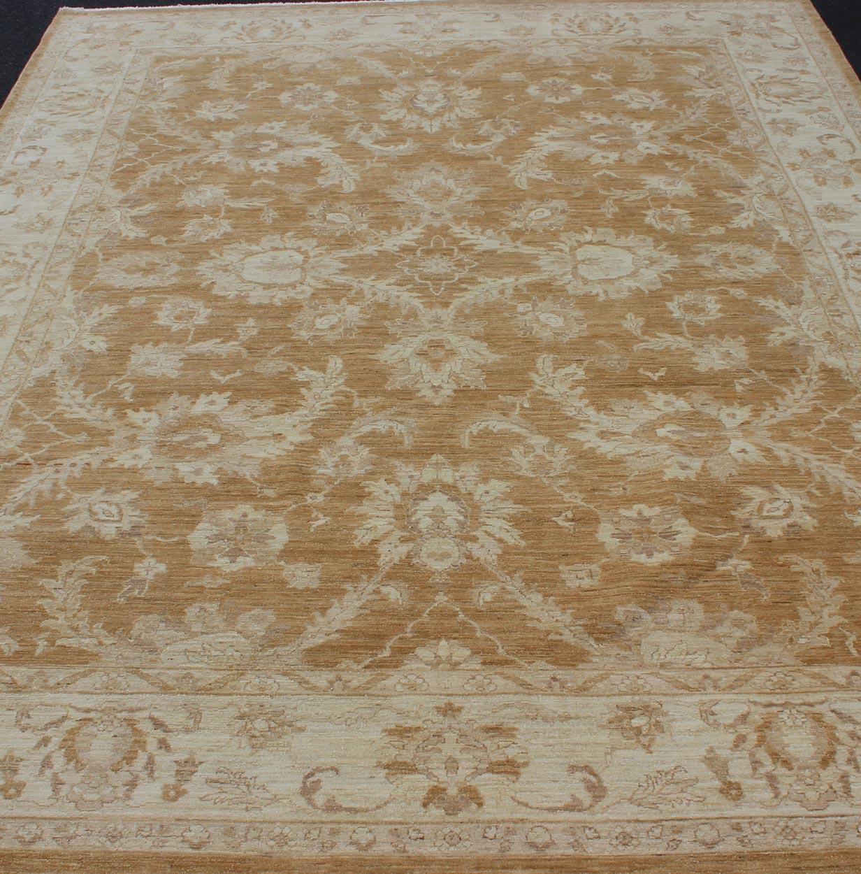 Wool Sultanabad Design Afghan Made Floral Pattern in Earth Tones with Light Caramel For Sale