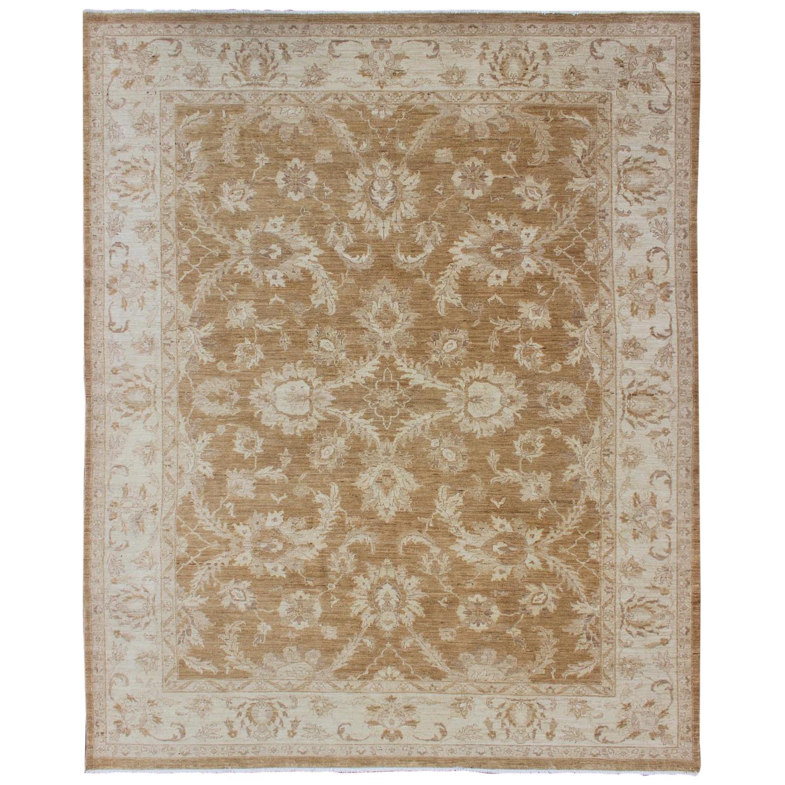 Sultanabad Design Afghan Made Floral Pattern in Earth Tones with Light Caramel For Sale