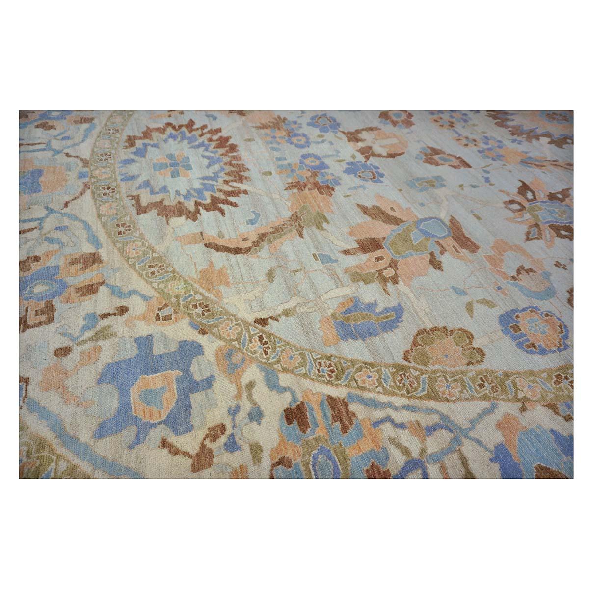 Sultanabad Master 11x11 Light Blue & Light Orange Round Handmade Area Rug For Sale 7