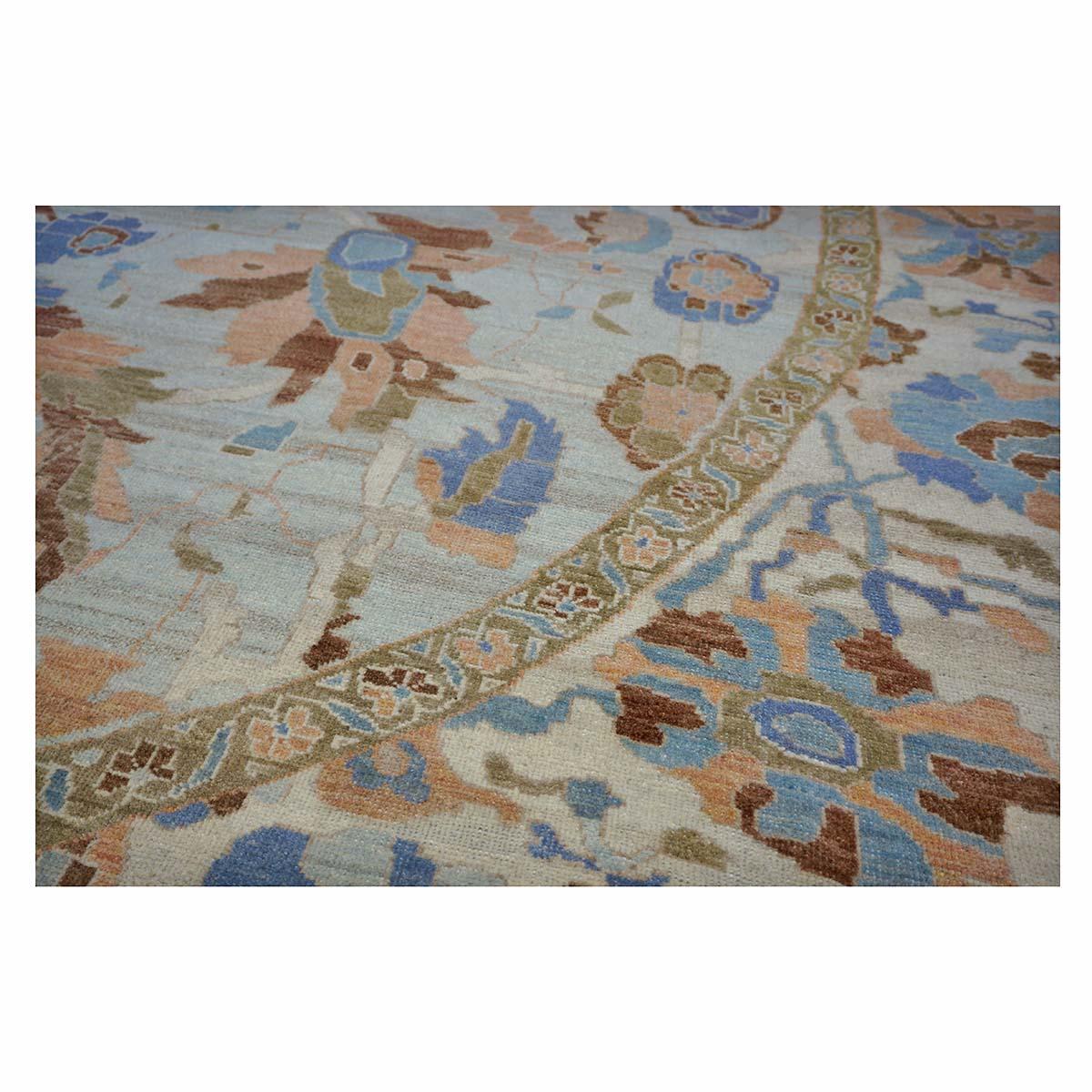 Handgefertigter Sultanabad Master 11x11 Teppich in Hellblau & Hellorange im Angebot 8